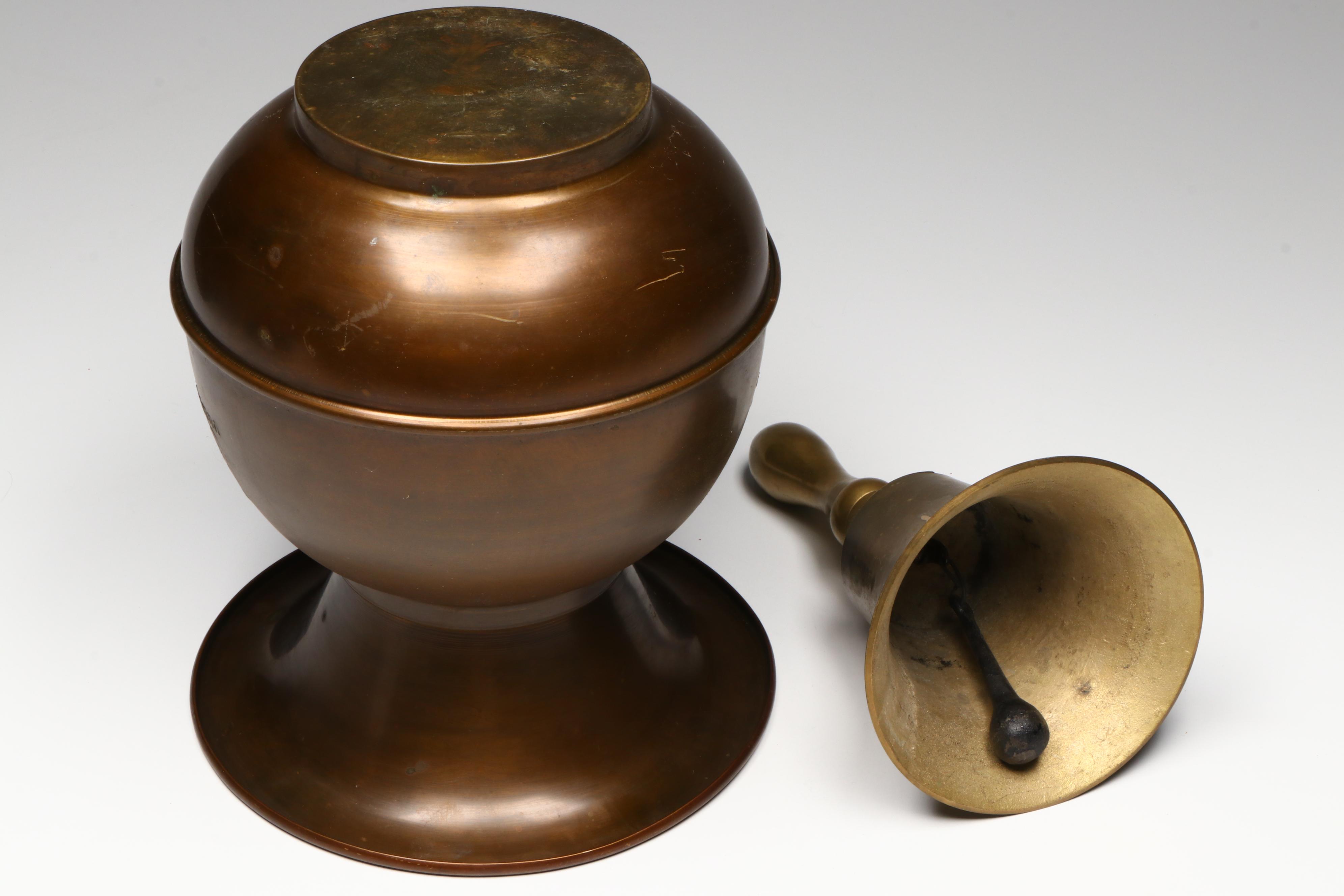 Brass Duck Figurine with Railroad Spitoon and Bell