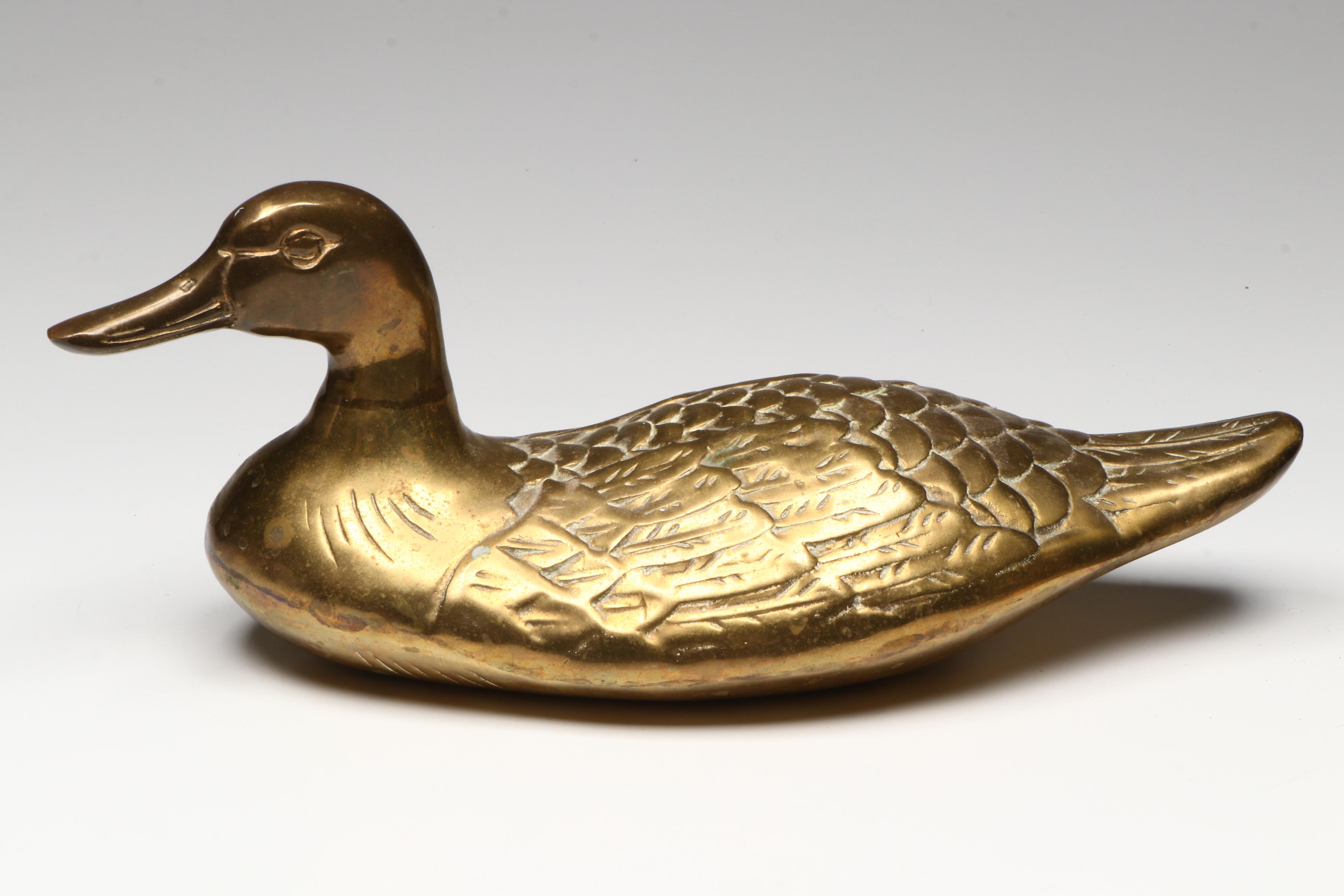 Brass Duck Figurine with Railroad Spitoon and Bell