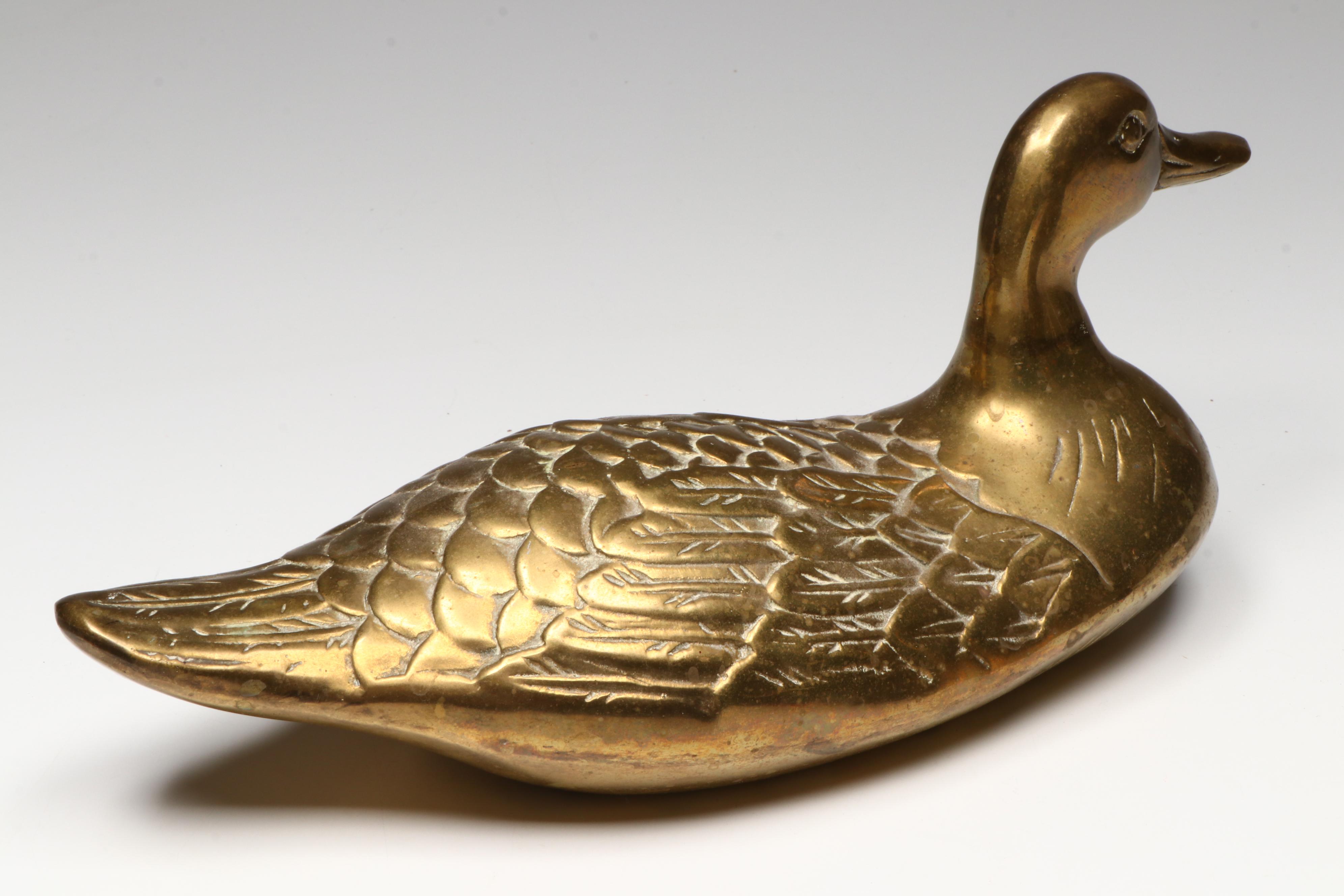 Brass Duck Figurine with Railroad Spitoon and Bell