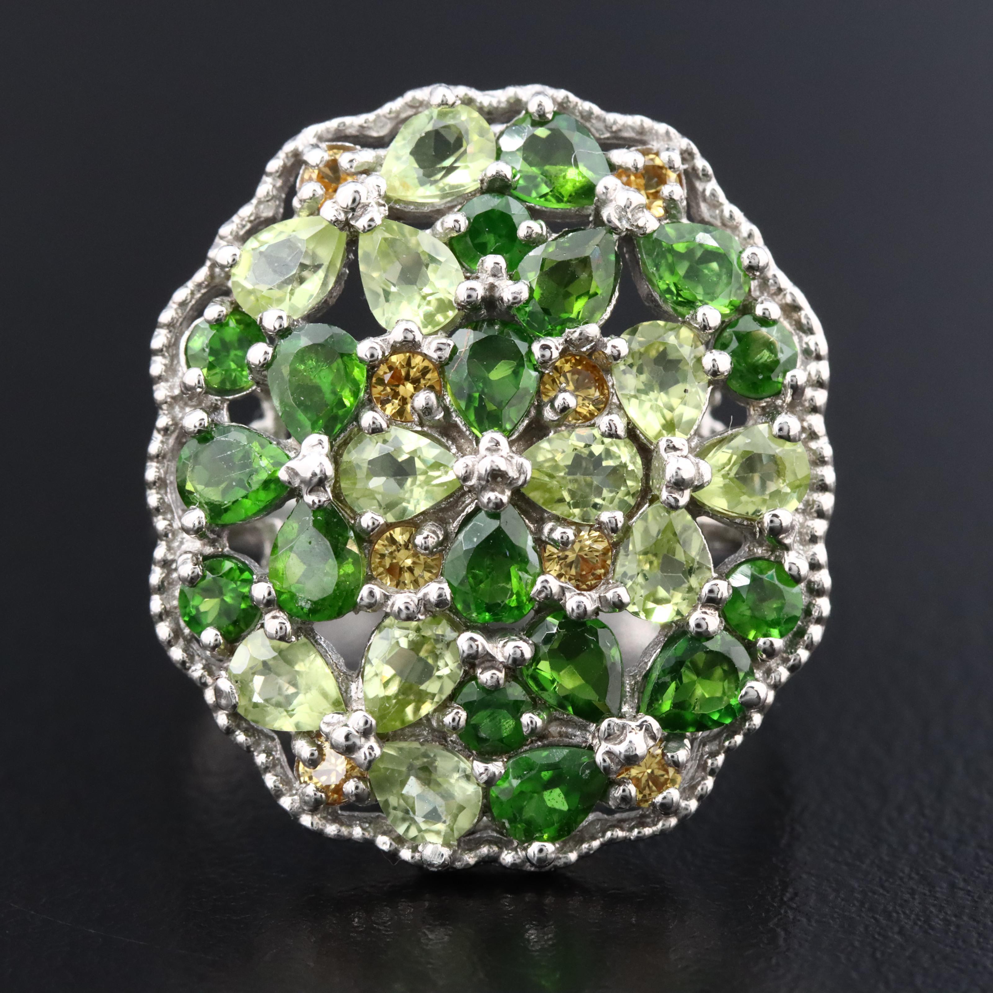 Sterling Flower Cluster Ring with Tsavorite, Peridot and Citrine