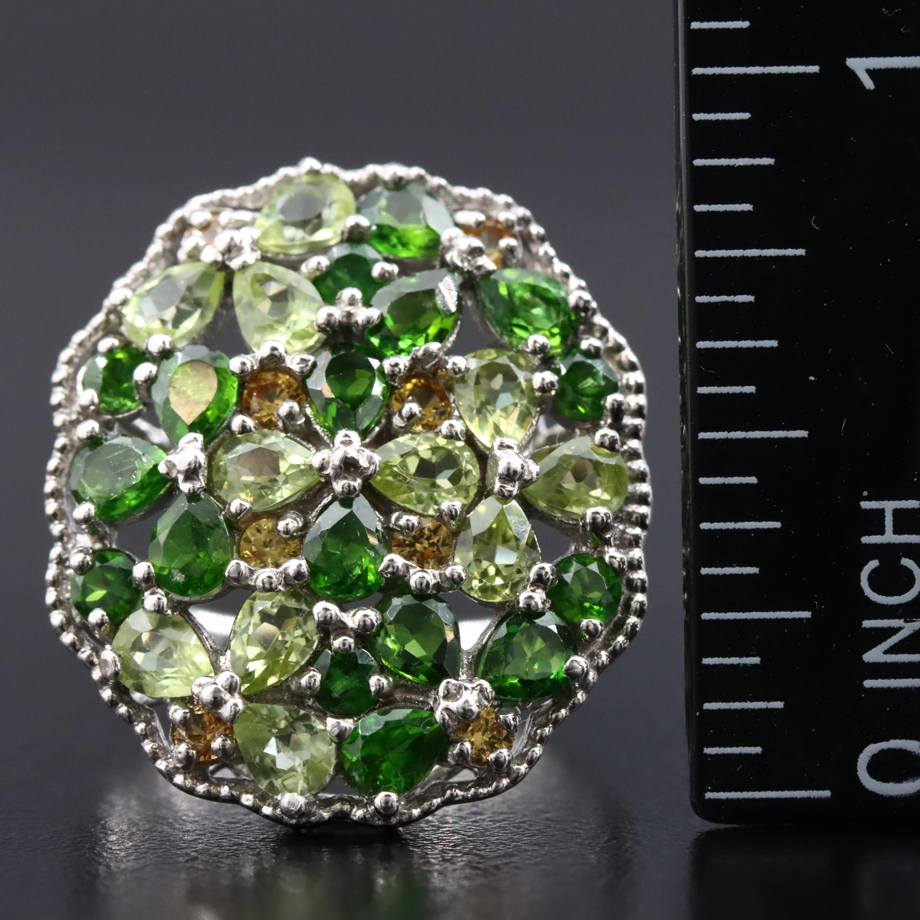Sterling Flower Cluster Ring with Tsavorite, Peridot and Citrine