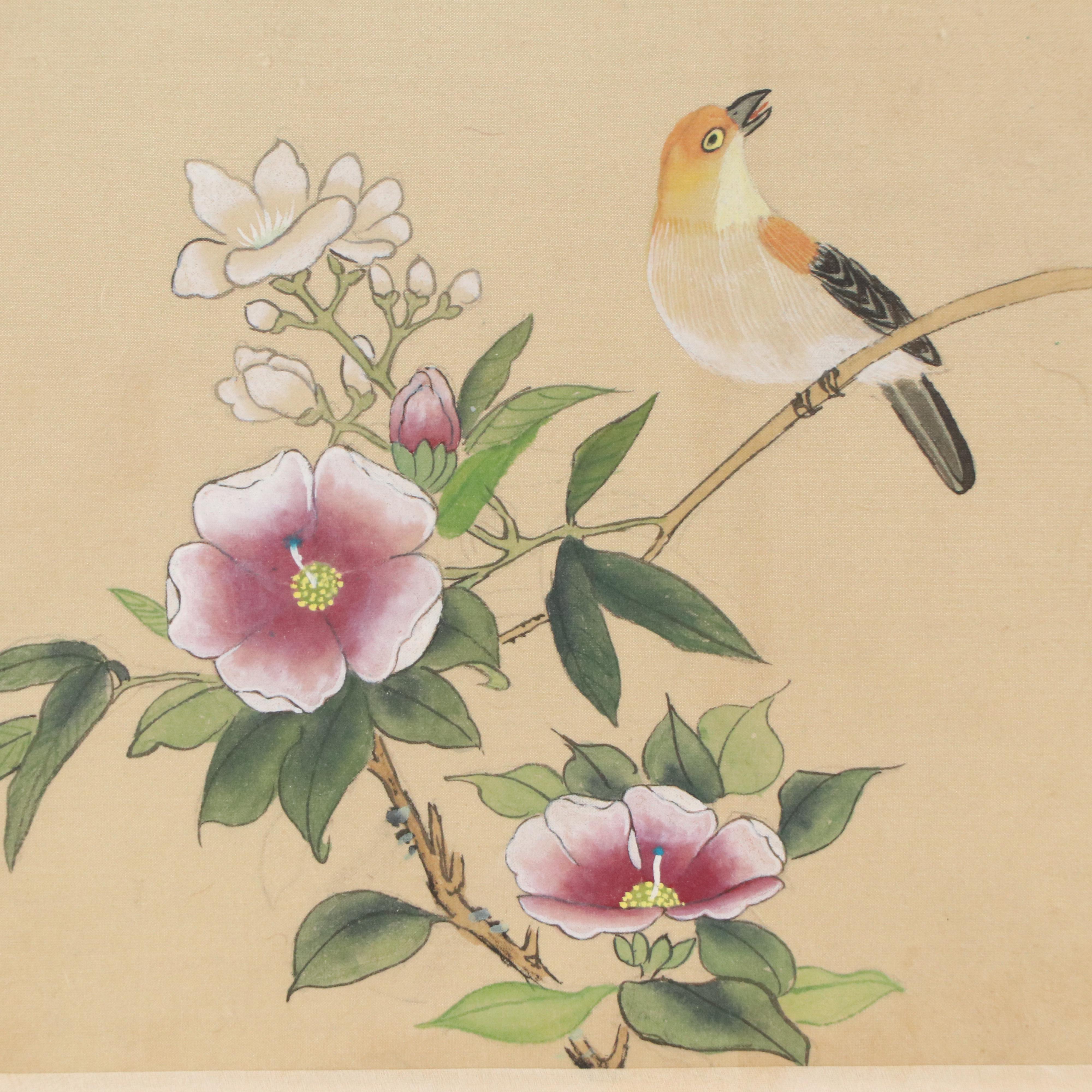 Chinese School Gouache Painting on Silk of Bird with Flowers