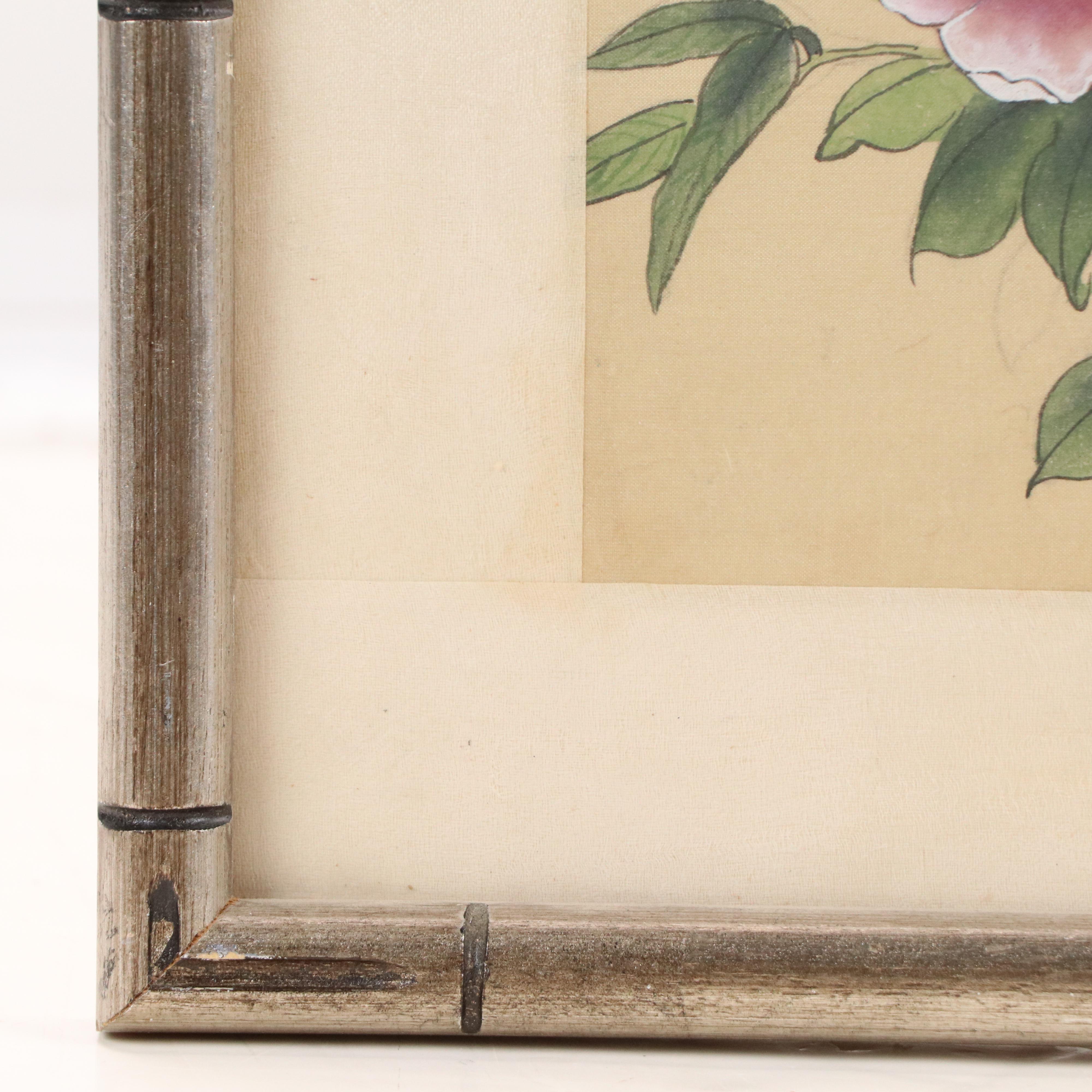 Chinese School Gouache Painting on Silk of Bird with Flowers