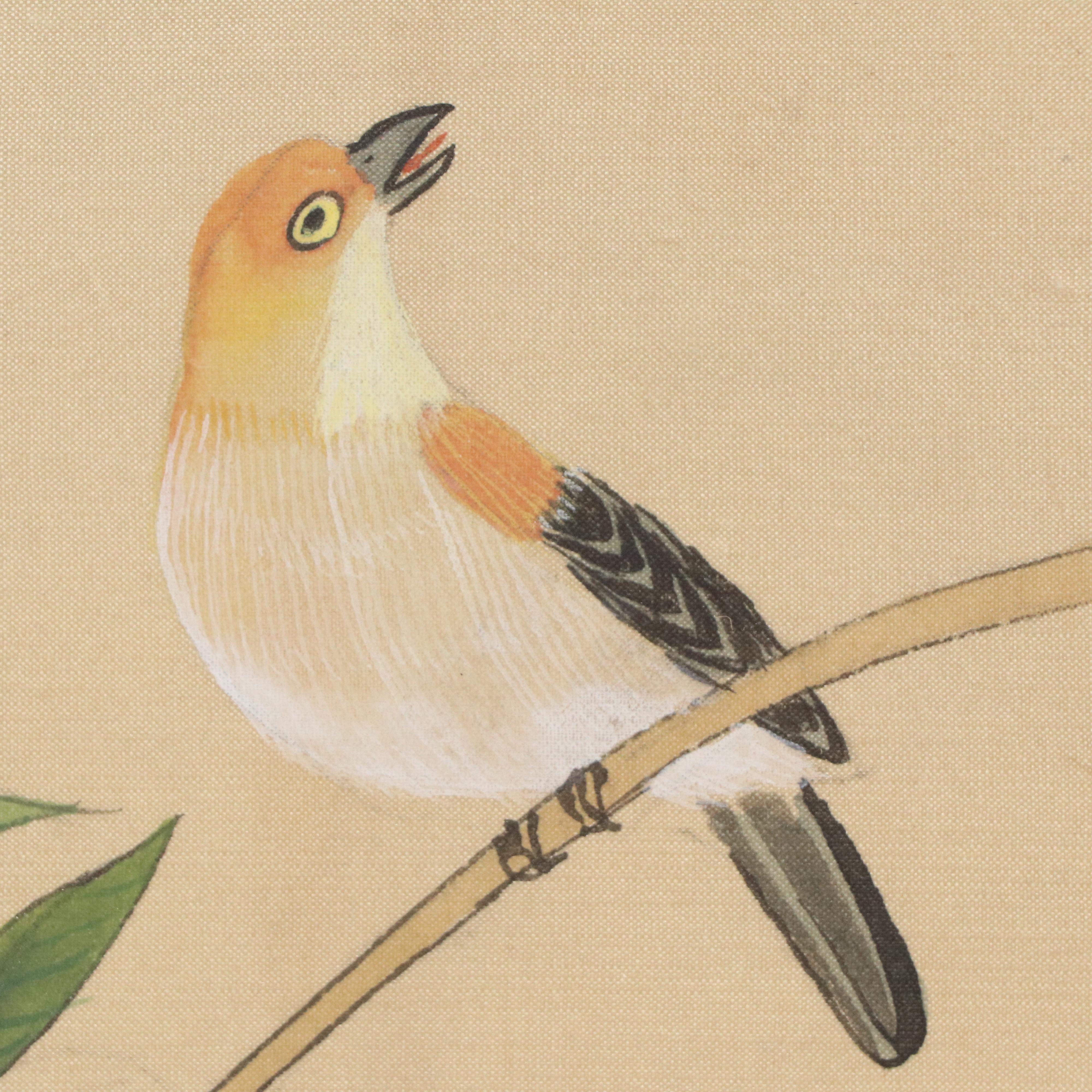 Chinese School Gouache Painting on Silk of Bird with Flowers