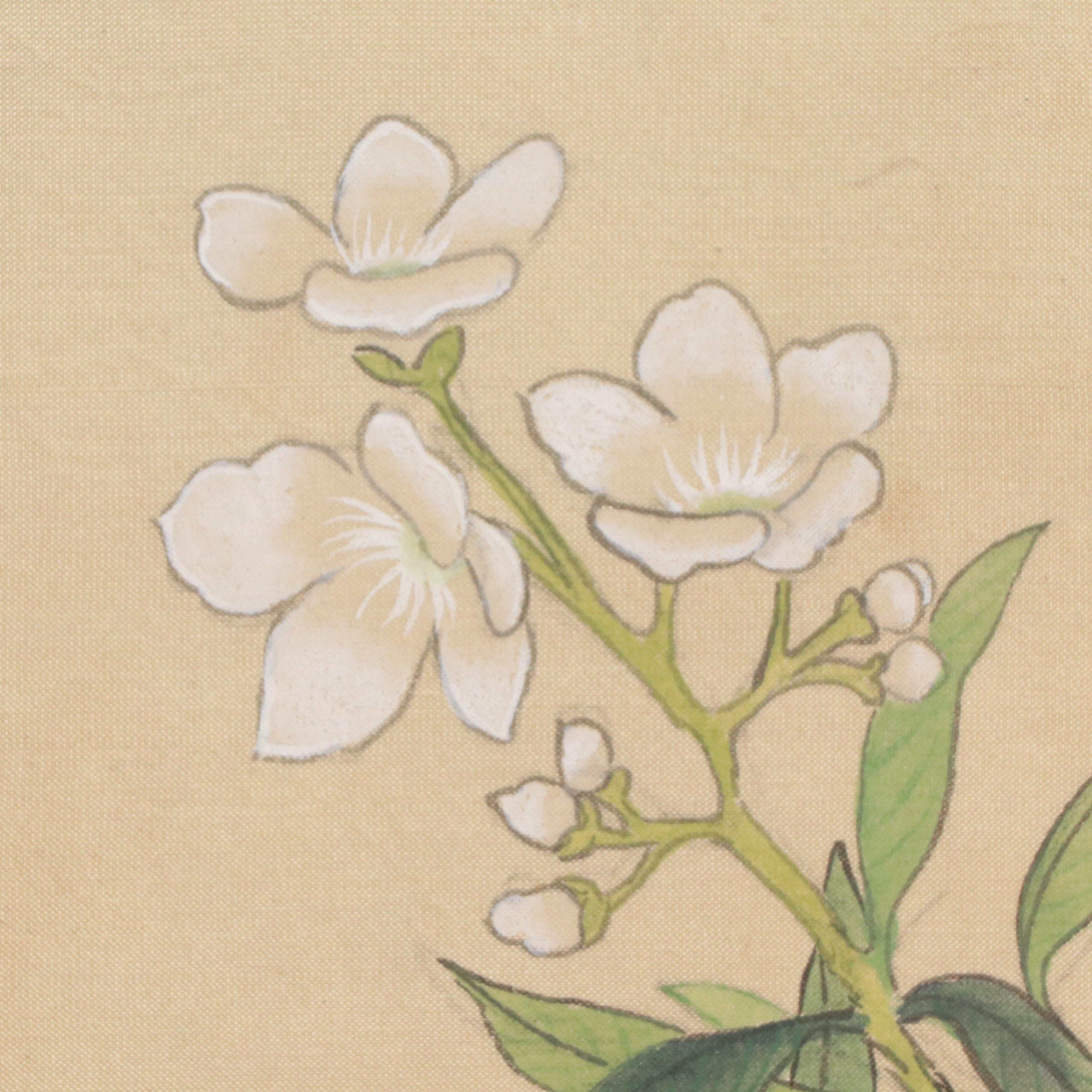 Chinese School Gouache Painting on Silk of Bird with Flowers