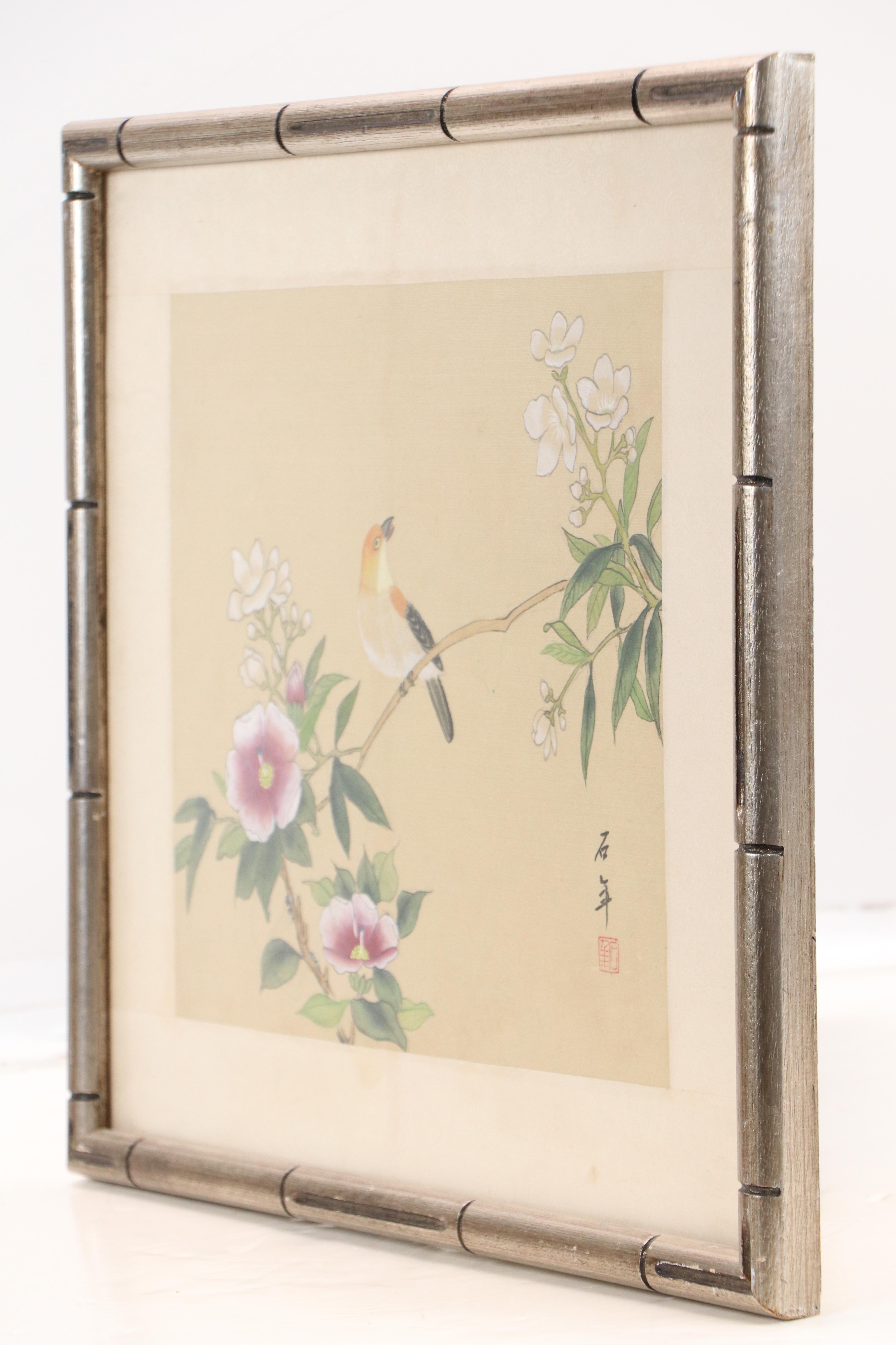 Chinese School Gouache Painting on Silk of Bird with Flowers