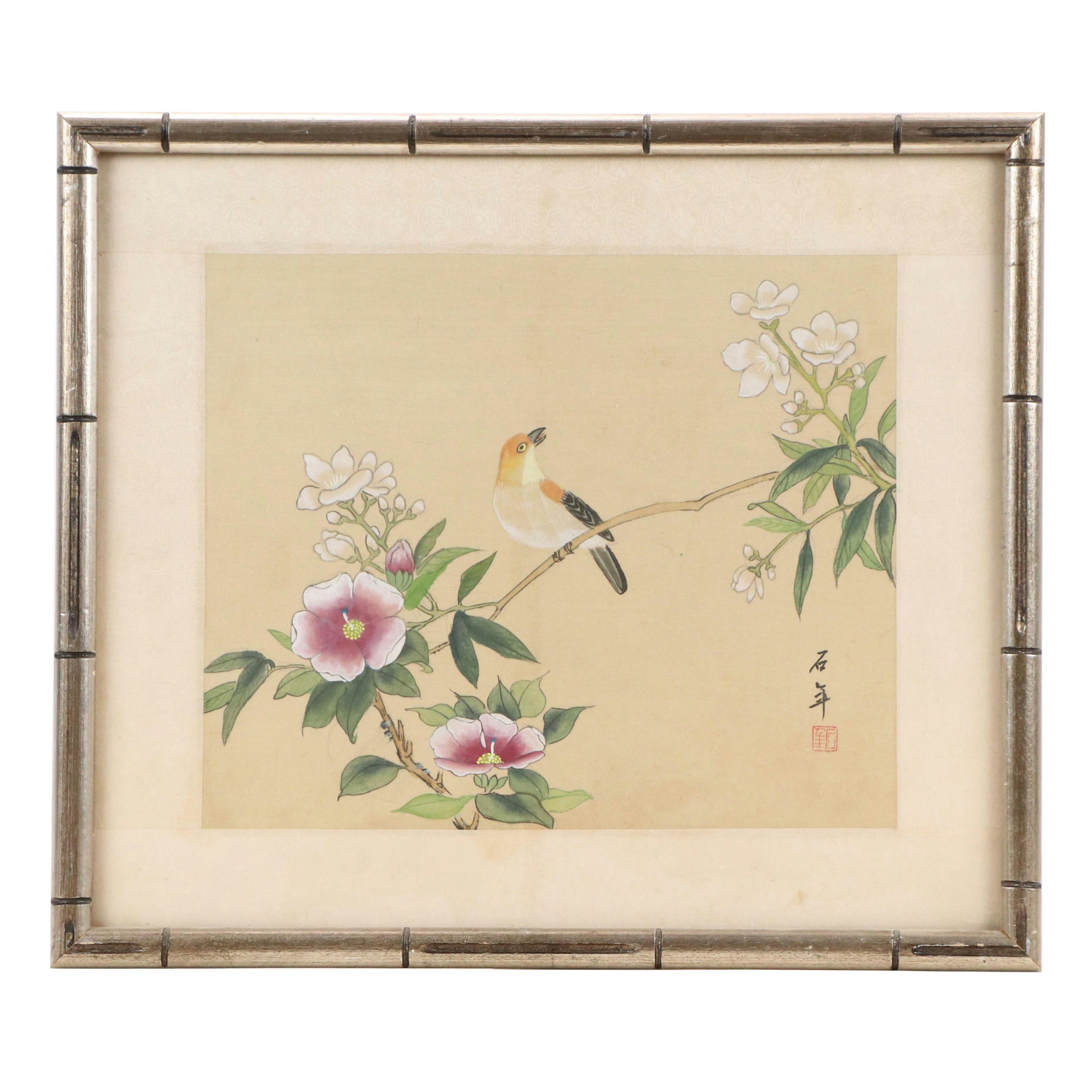 Chinese School Gouache Painting on Silk of Bird with Flowers