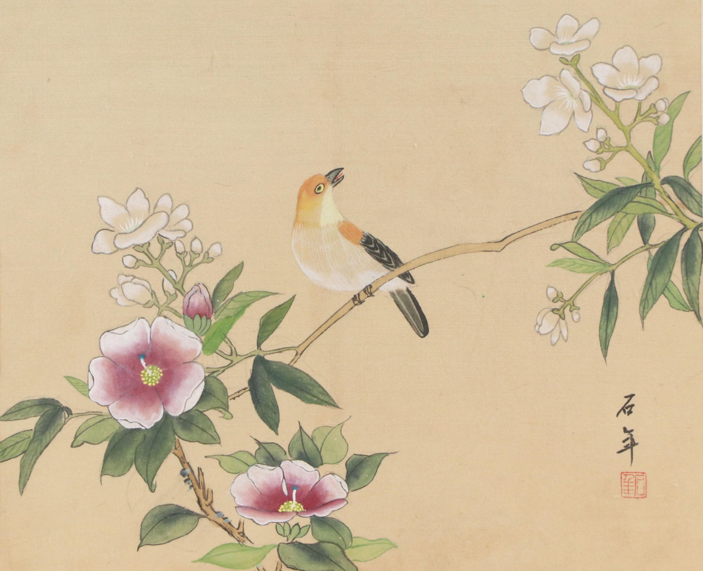 Chinese School Gouache Painting on Silk of Bird with Flowers