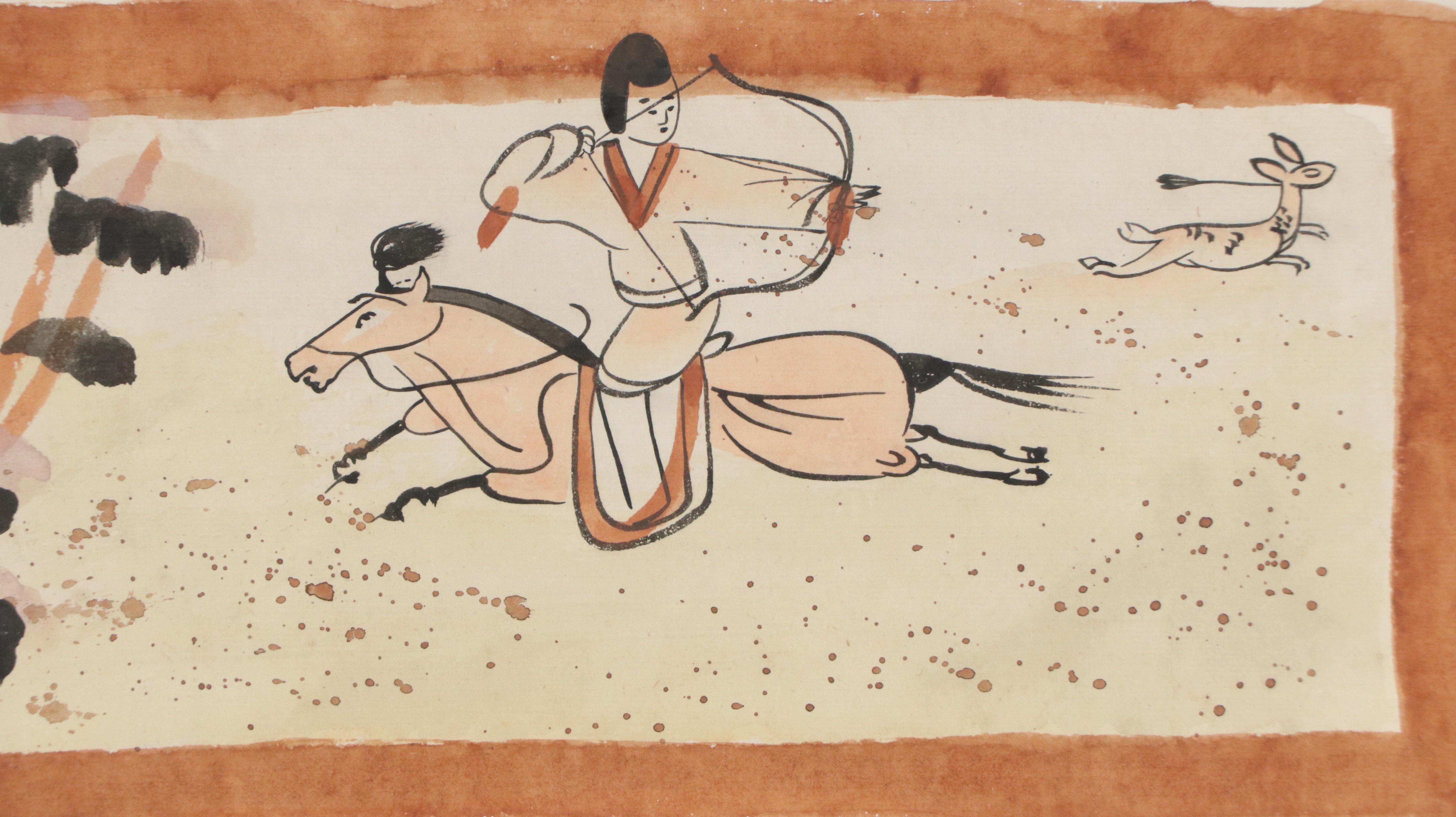 Chinese School Watercolor Painting of Hunter on Horseback