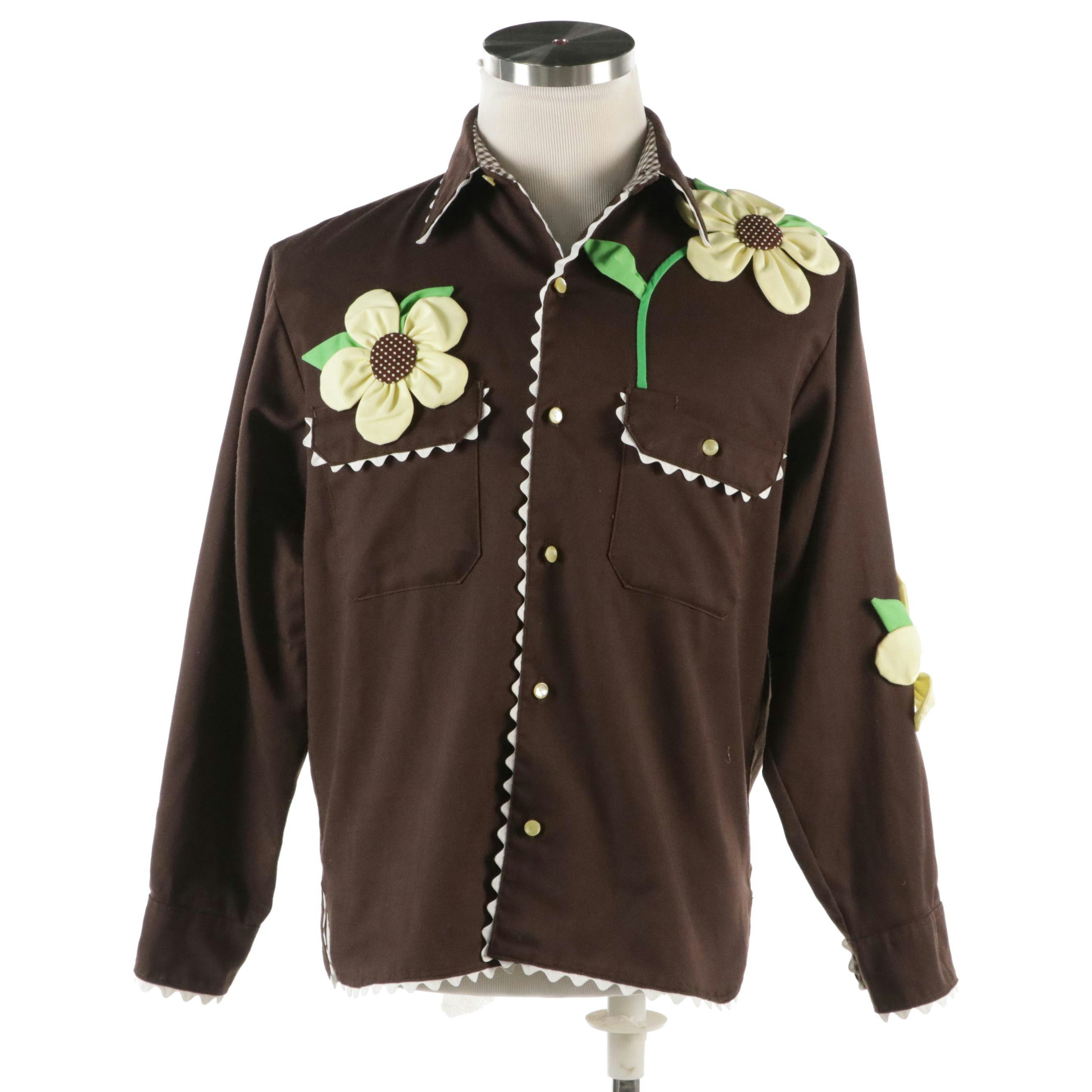 Men's Vintage Brown Cotton Western Shirt with Sunflower Appliqués