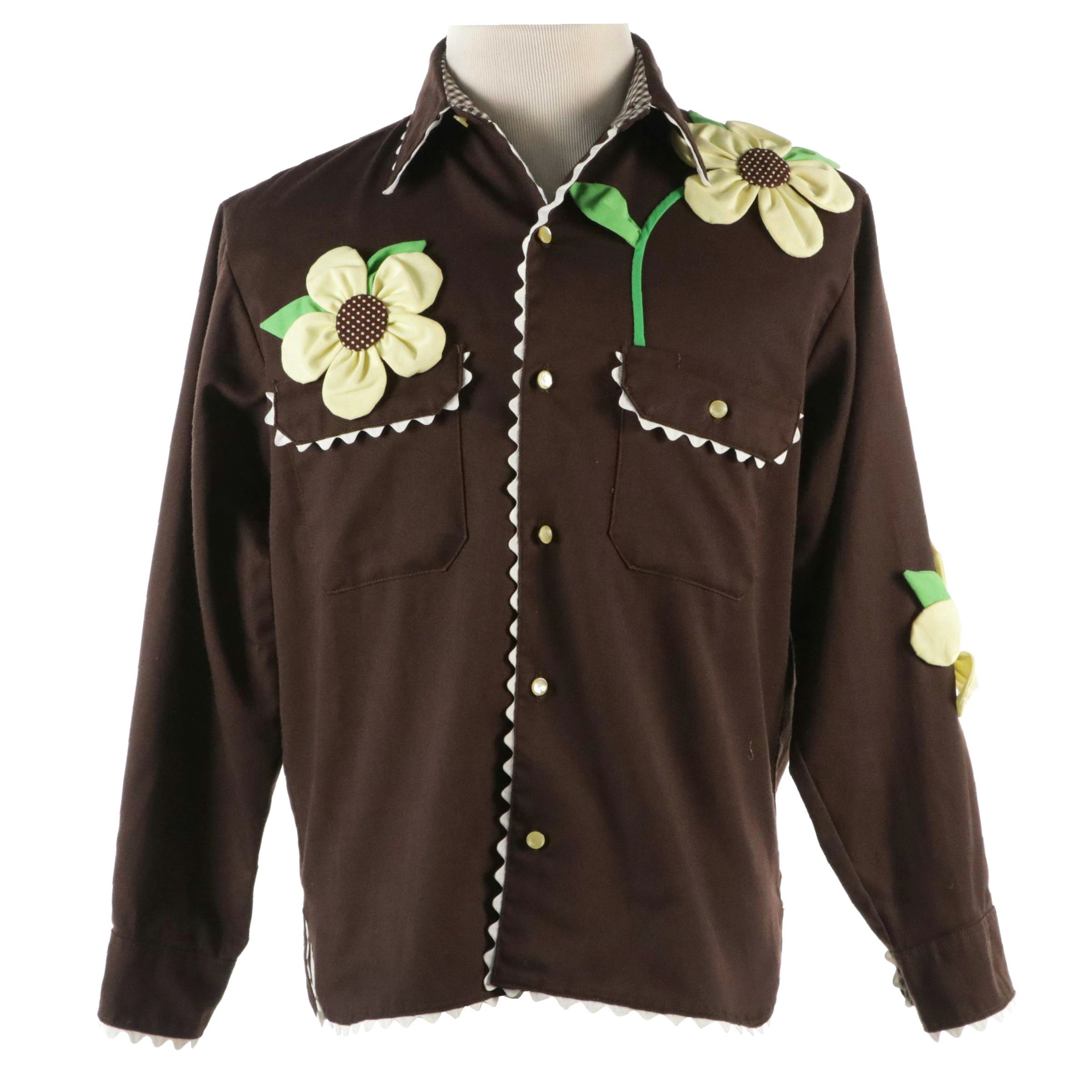 Men's Vintage Brown Cotton Western Shirt with Sunflower Appliqués