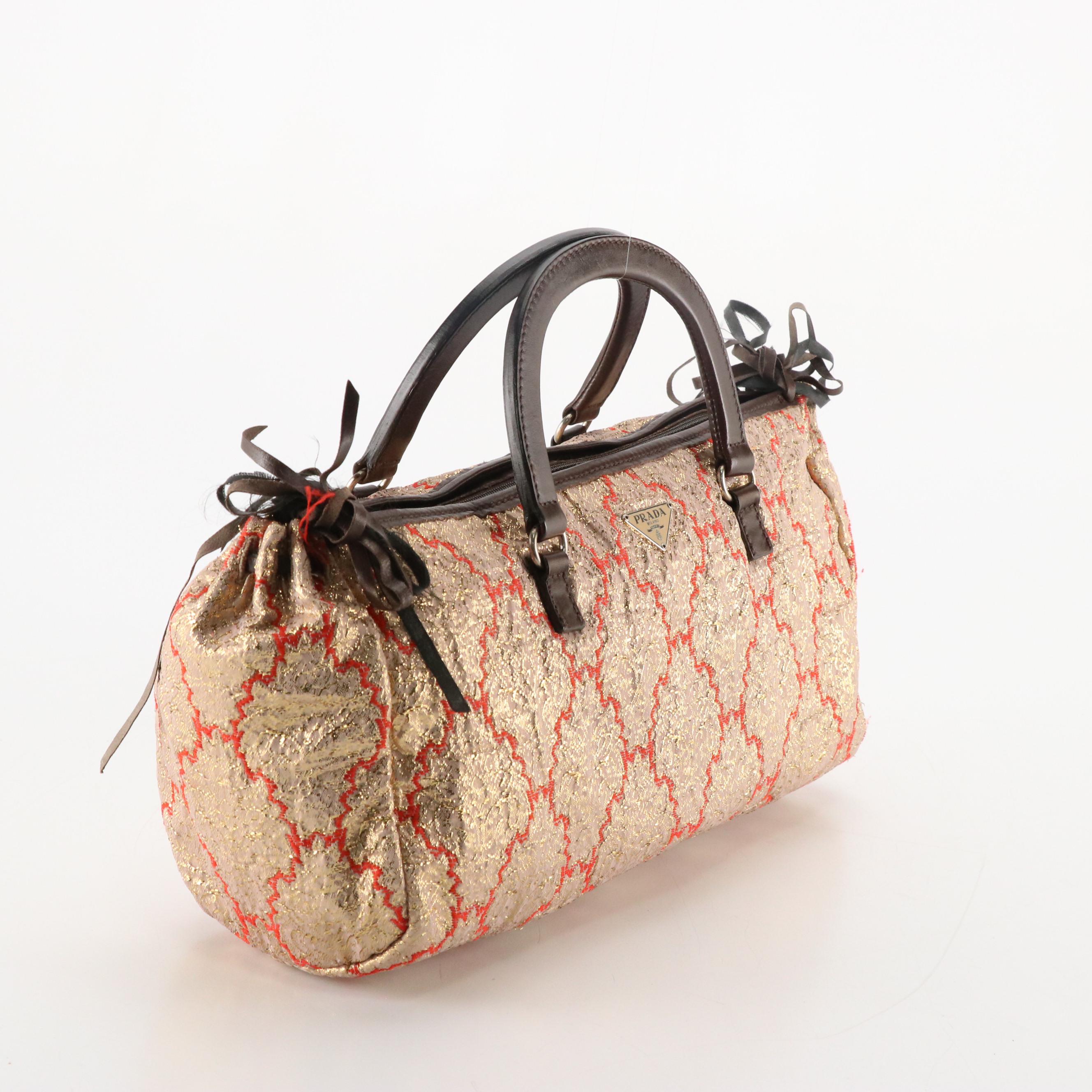 Prada Metallic Broccato Bow Fringe Handbag with Brown Leather Trim