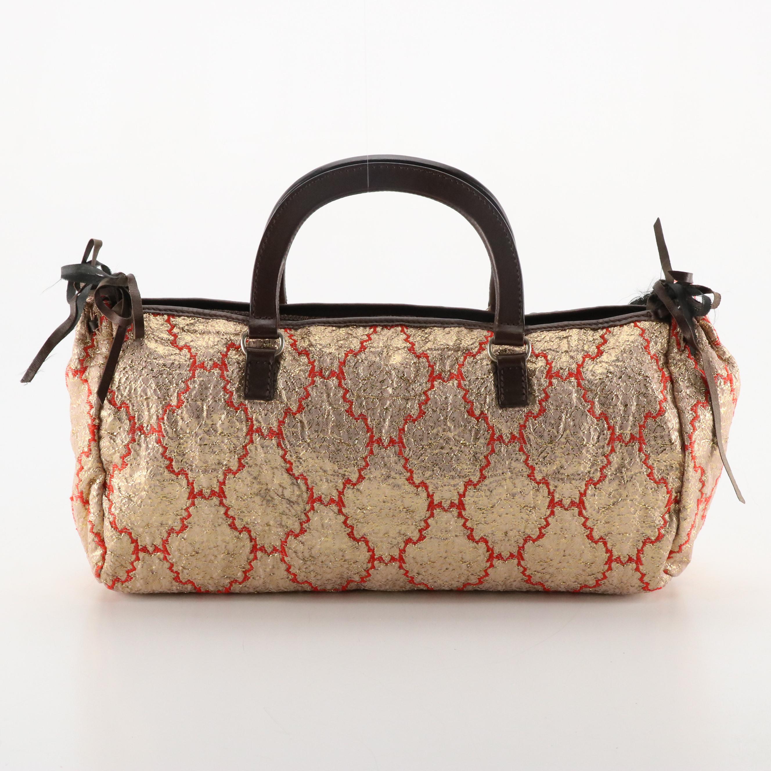 Prada Metallic Broccato Bow Fringe Handbag with Brown Leather Trim