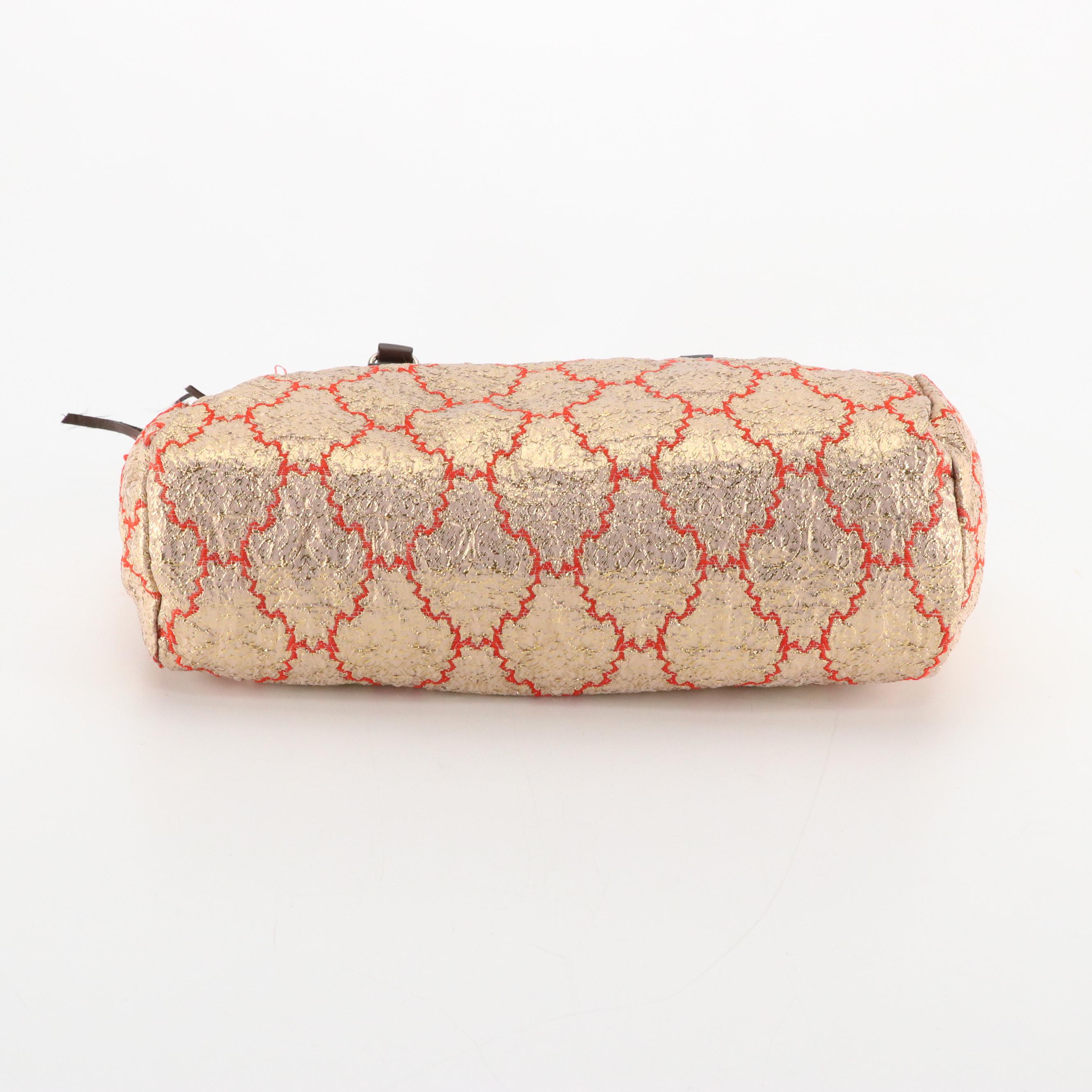 Prada Metallic Broccato Bow Fringe Handbag with Brown Leather Trim