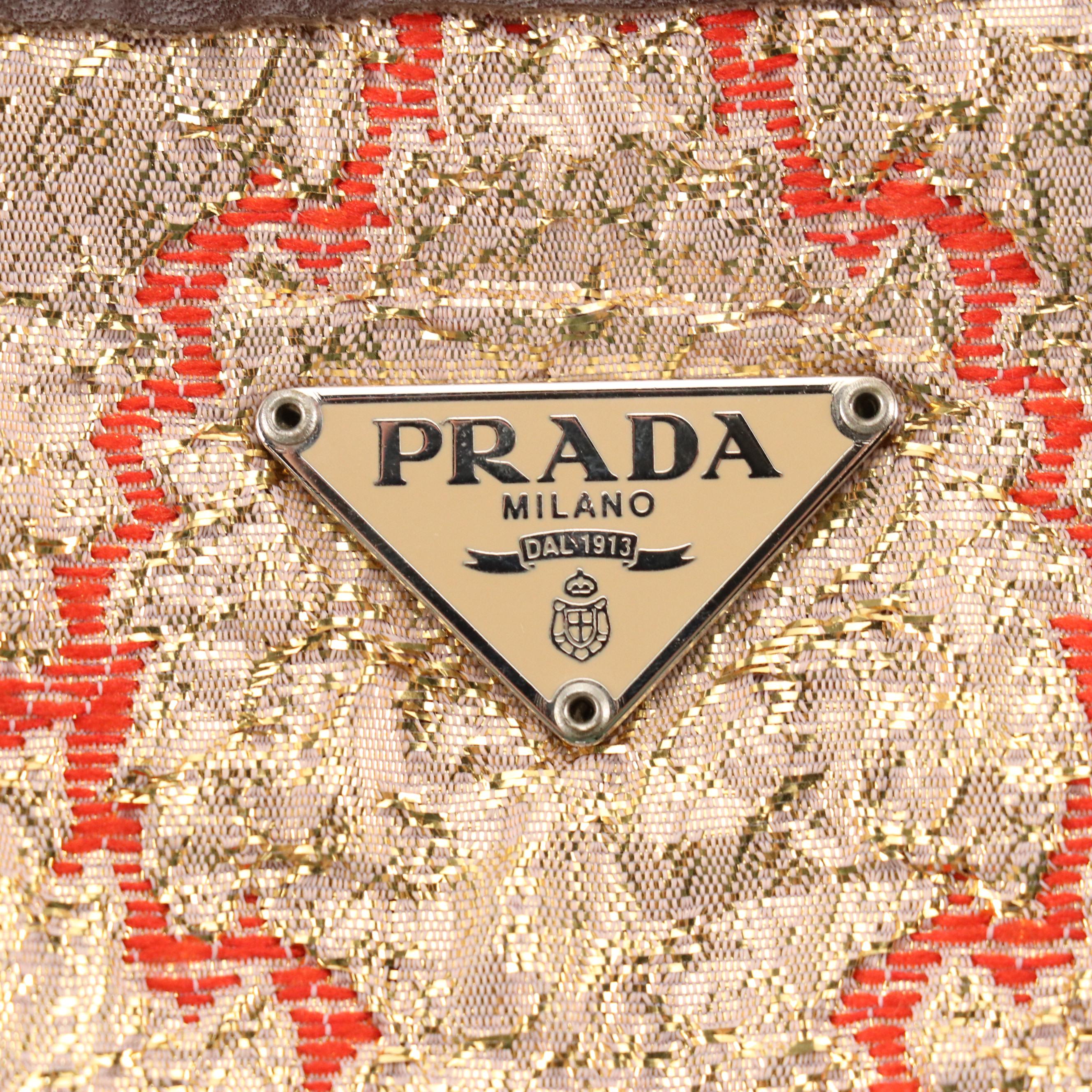 Prada Metallic Broccato Bow Fringe Handbag with Brown Leather Trim