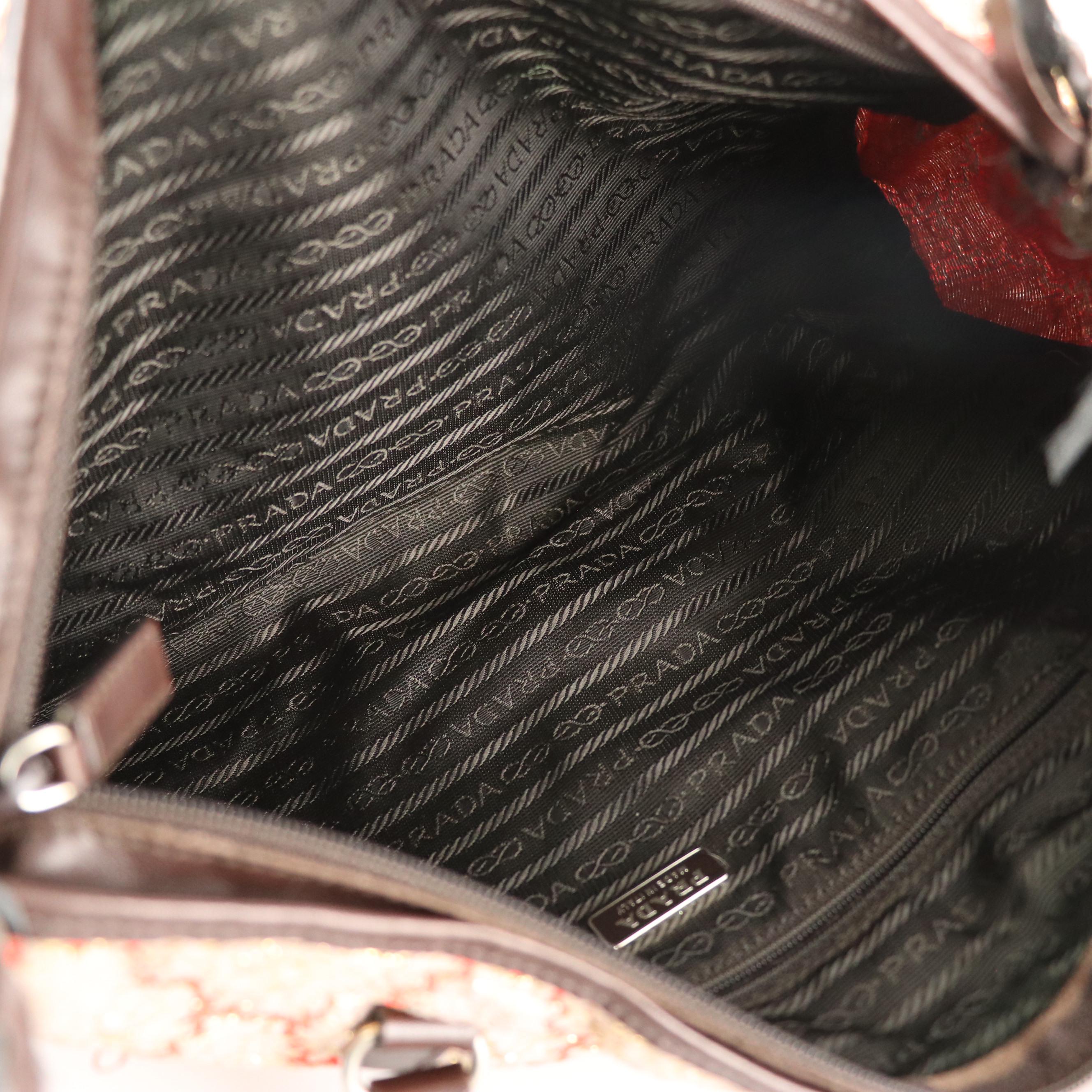 Prada Metallic Broccato Bow Fringe Handbag with Brown Leather Trim