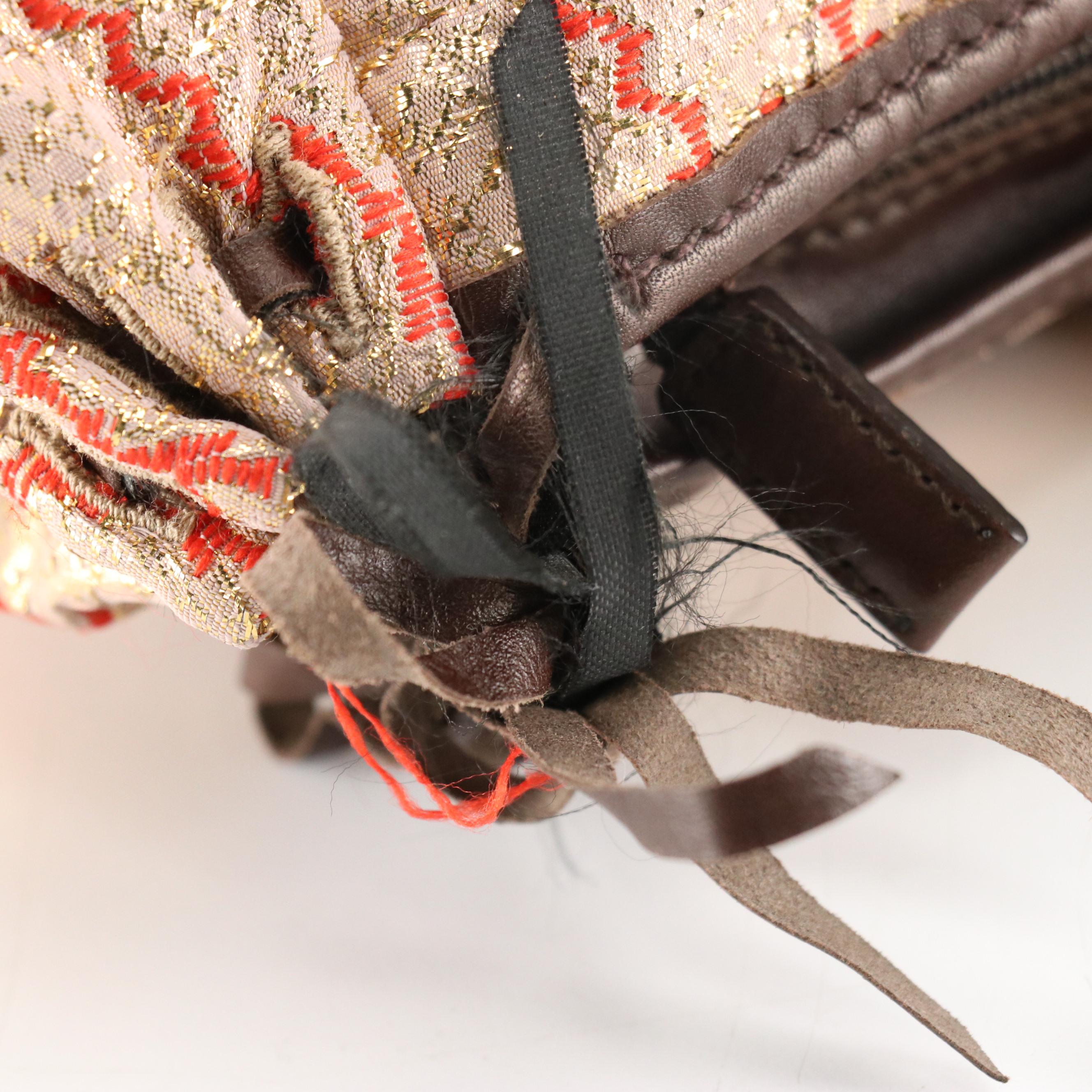 Prada Metallic Broccato Bow Fringe Handbag with Brown Leather Trim