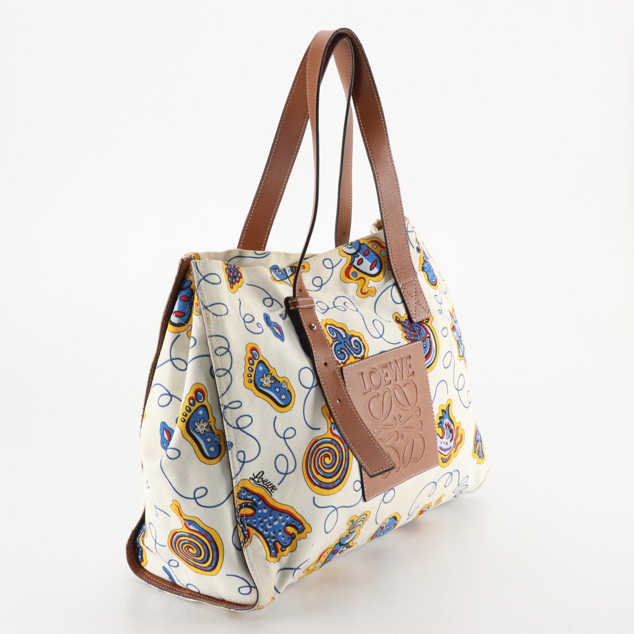 Loewe X Paula's Ibiza Printed Canvas Tote Bag with Brown Leather Trim