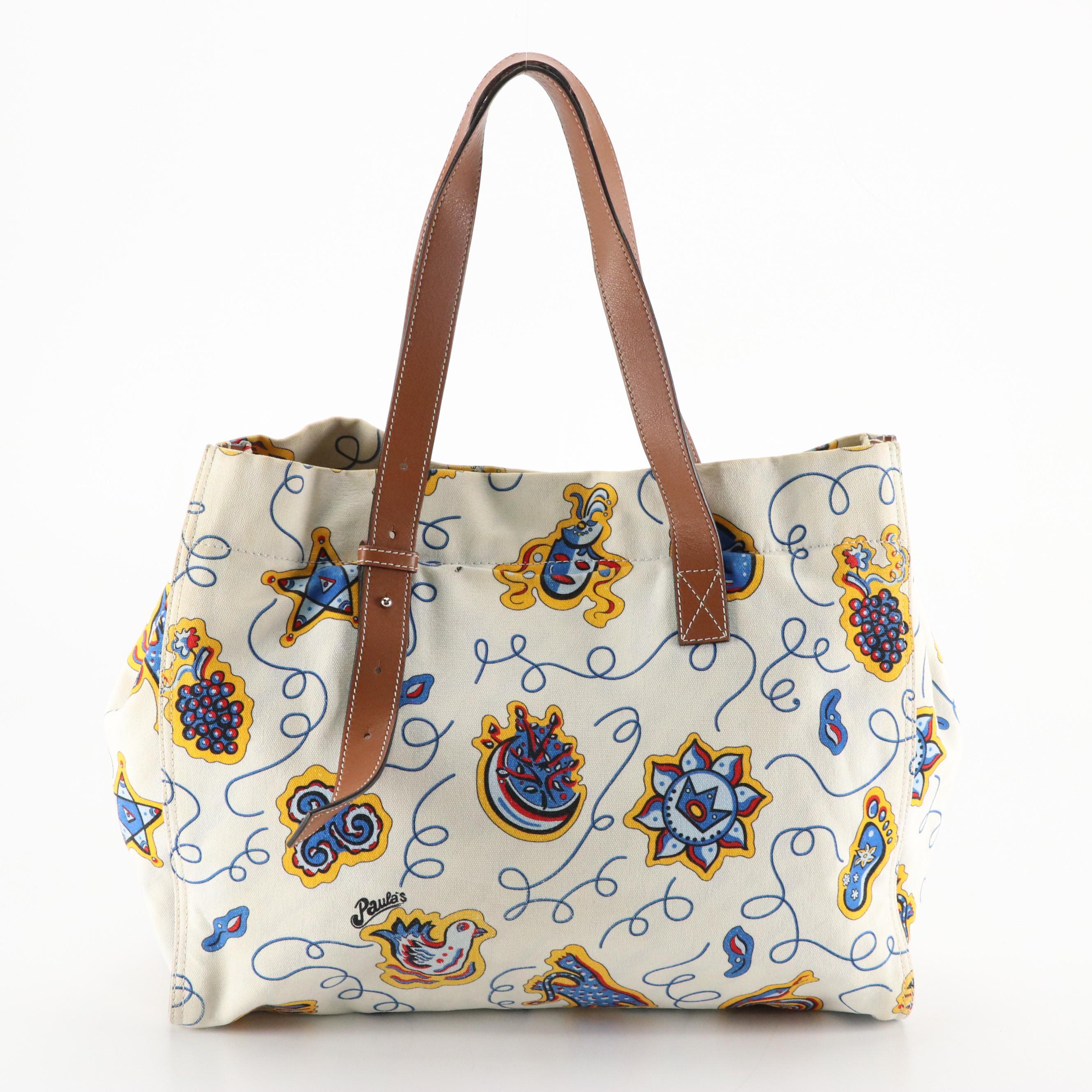 Loewe X Paula's Ibiza Printed Canvas Tote Bag with Brown Leather Trim