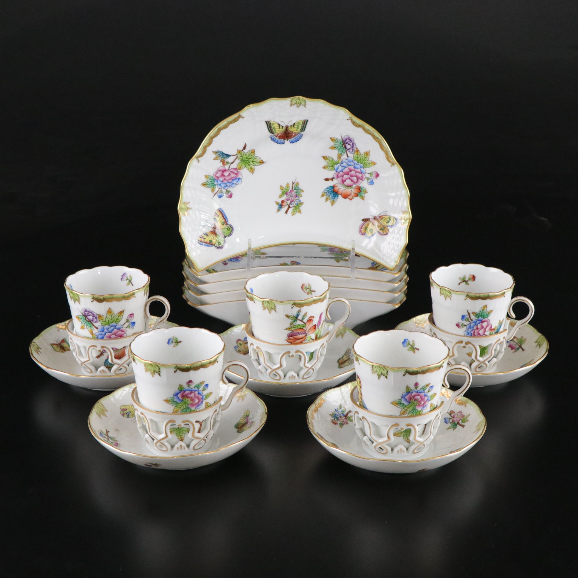 Herend "Queen Victoria" Hand-Painted Crescent Salad Plates & Trembleuse Cups