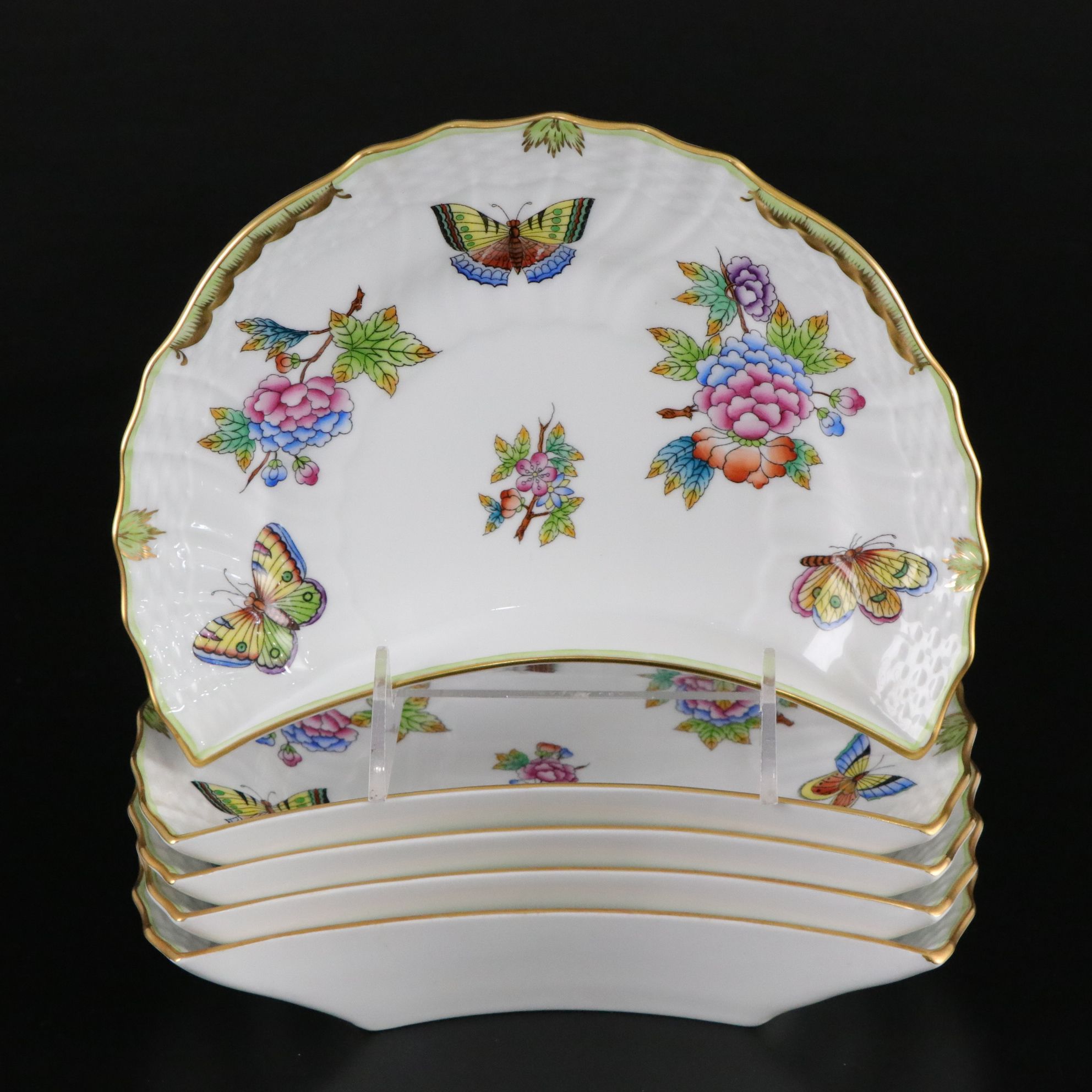 Herend "Queen Victoria" Hand-Painted Crescent Salad Plates & Trembleuse Cups