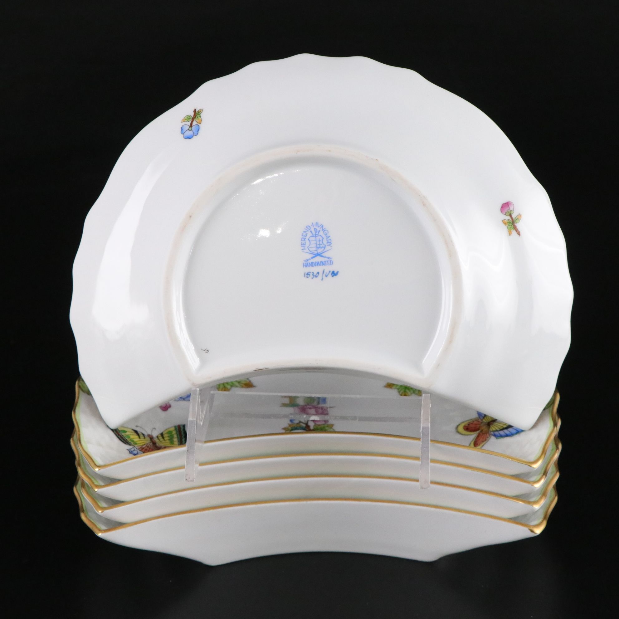 Herend "Queen Victoria" Hand-Painted Crescent Salad Plates & Trembleuse Cups