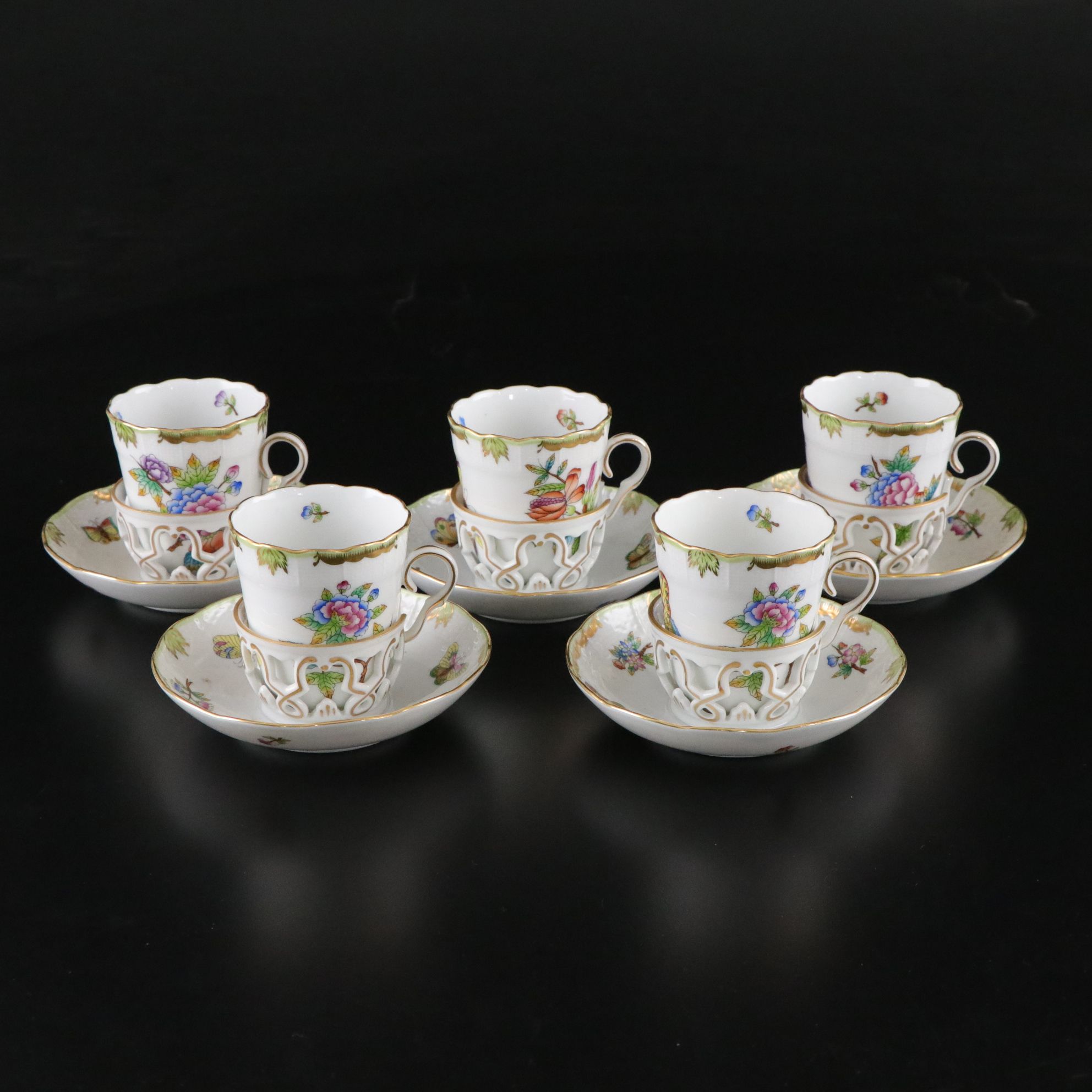 Herend "Queen Victoria" Hand-Painted Crescent Salad Plates & Trembleuse Cups