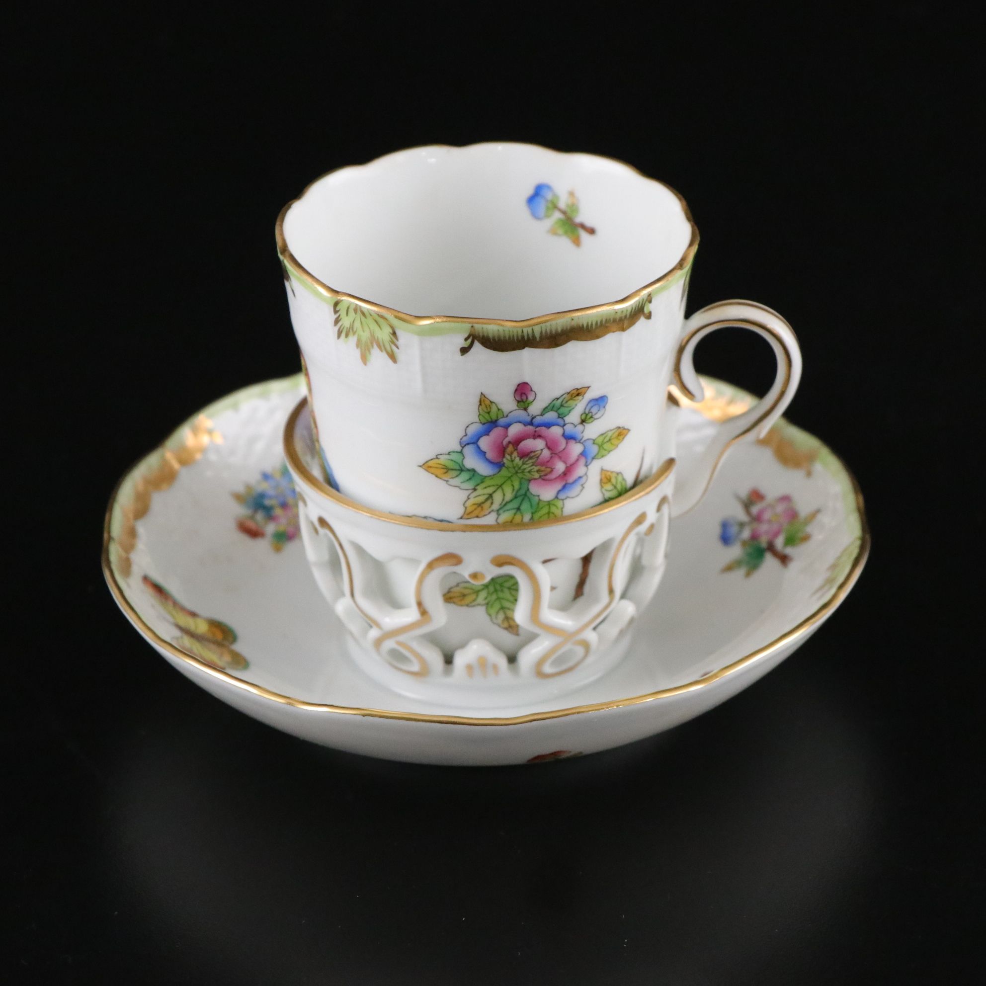 Herend "Queen Victoria" Hand-Painted Crescent Salad Plates & Trembleuse Cups