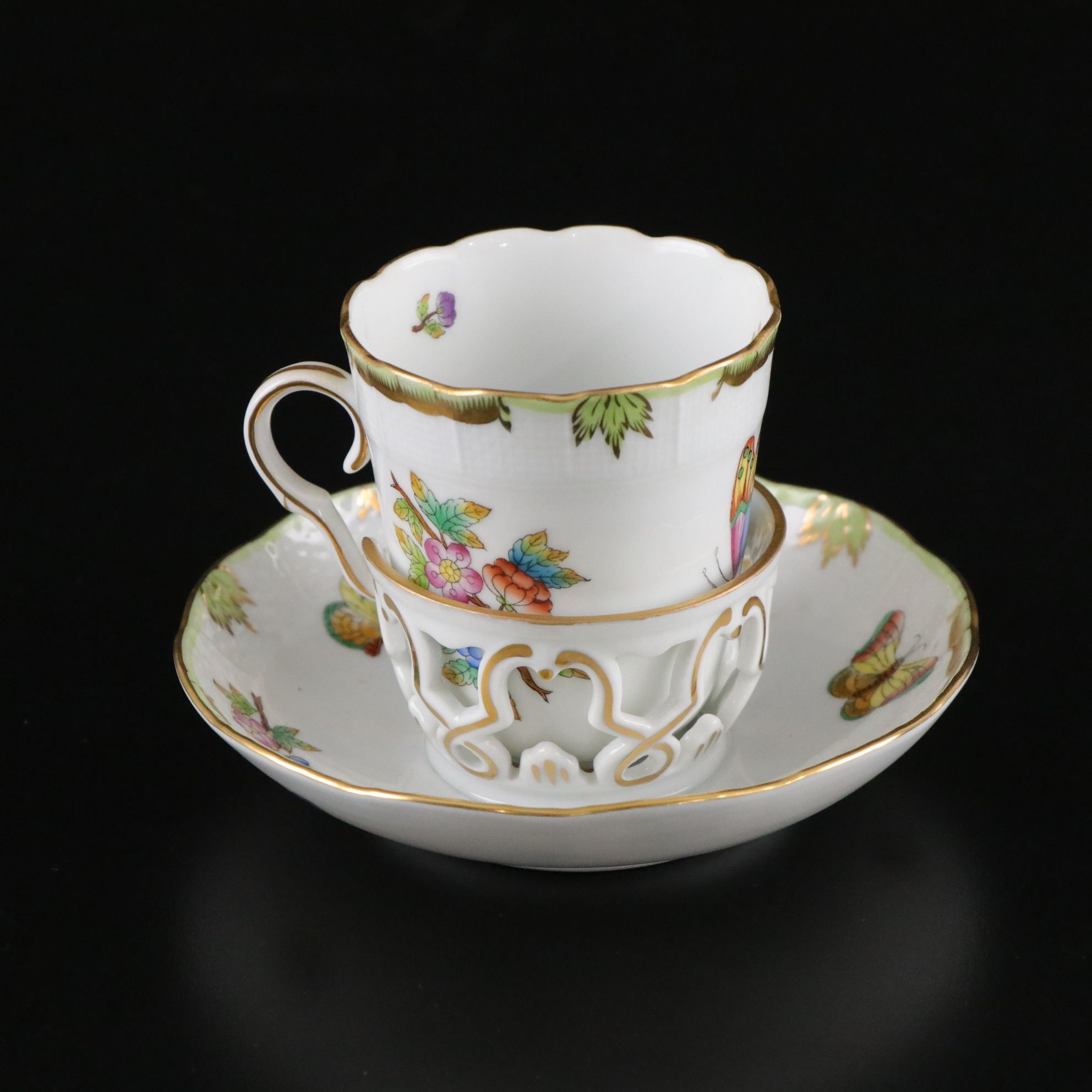 Herend "Queen Victoria" Hand-Painted Crescent Salad Plates & Trembleuse Cups