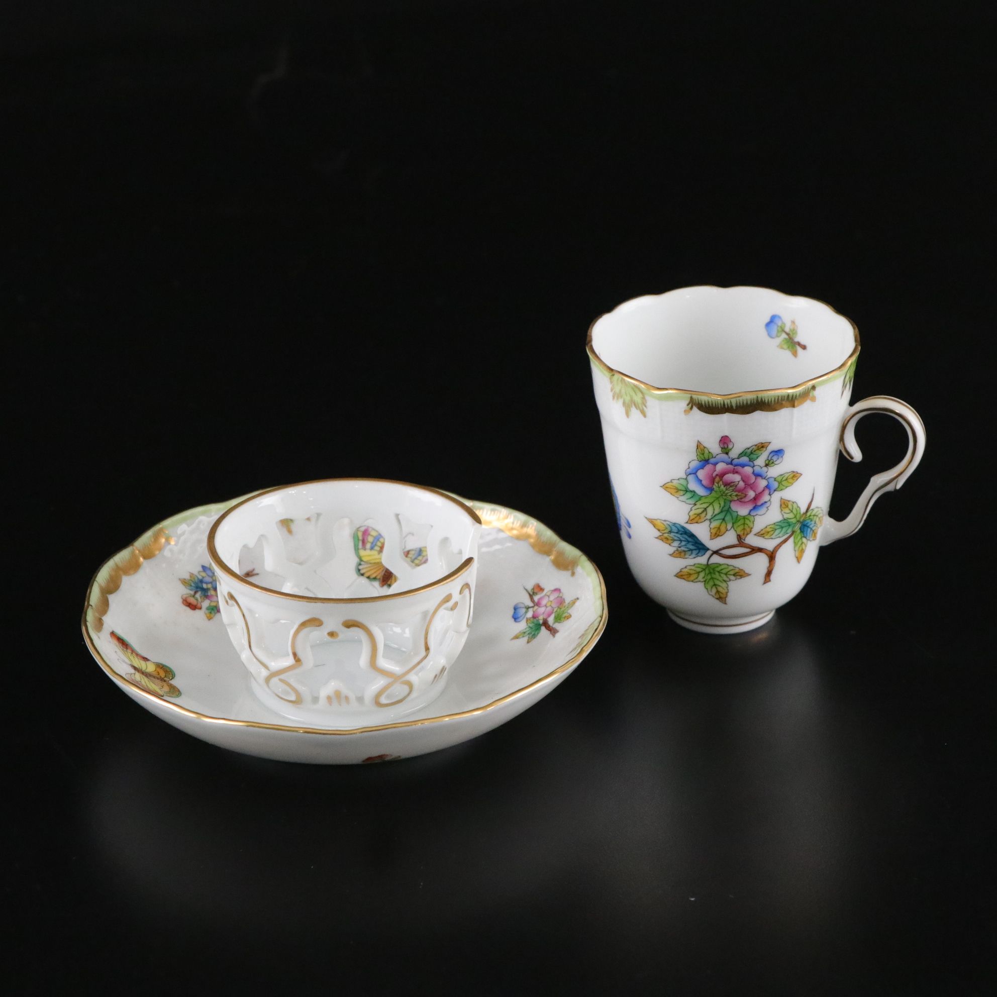 Herend "Queen Victoria" Hand-Painted Crescent Salad Plates & Trembleuse Cups