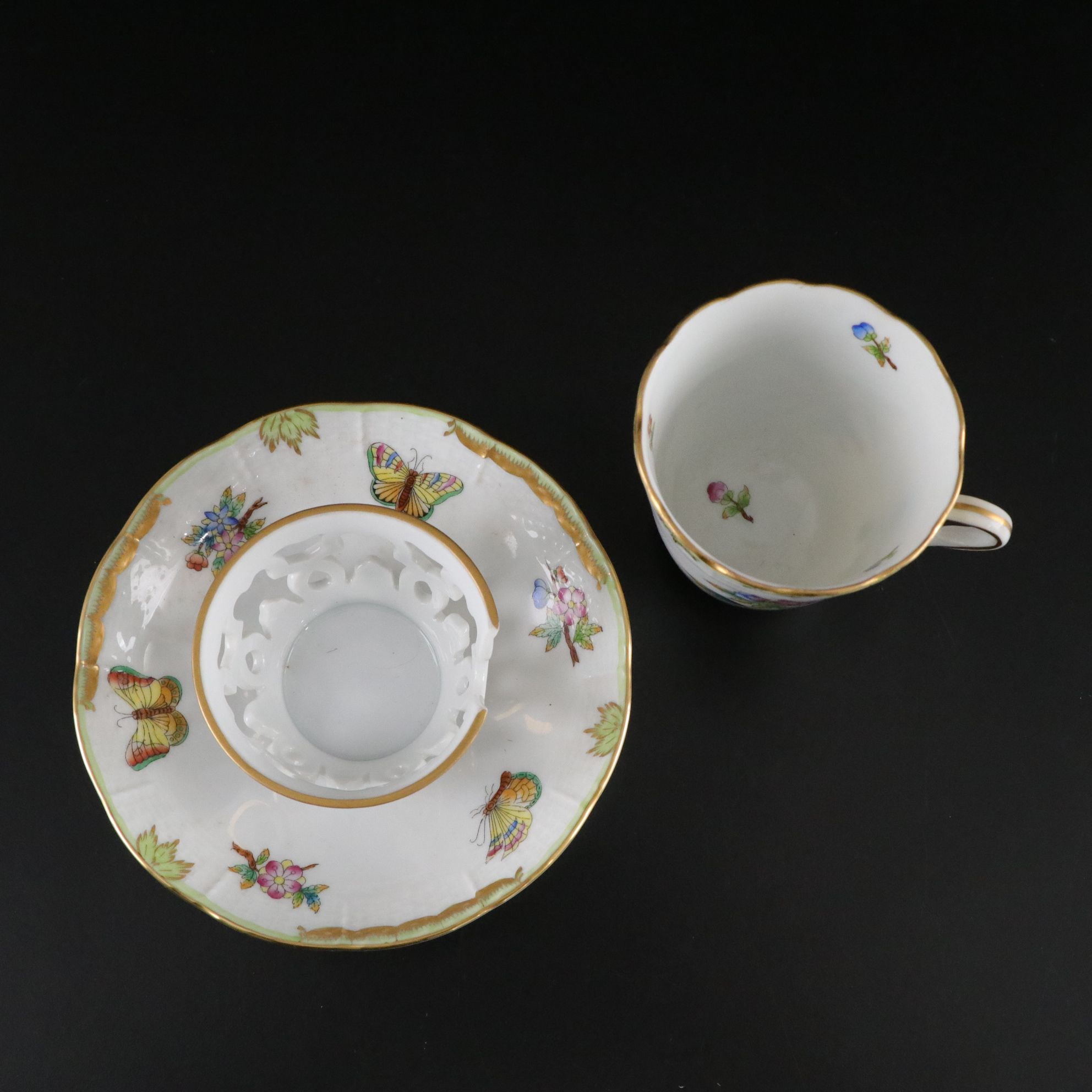 Herend "Queen Victoria" Hand-Painted Crescent Salad Plates & Trembleuse Cups