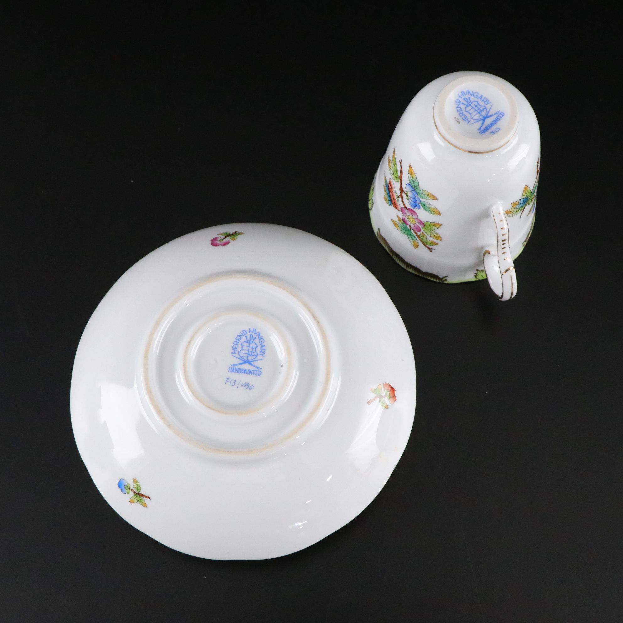 Herend "Queen Victoria" Hand-Painted Crescent Salad Plates & Trembleuse Cups