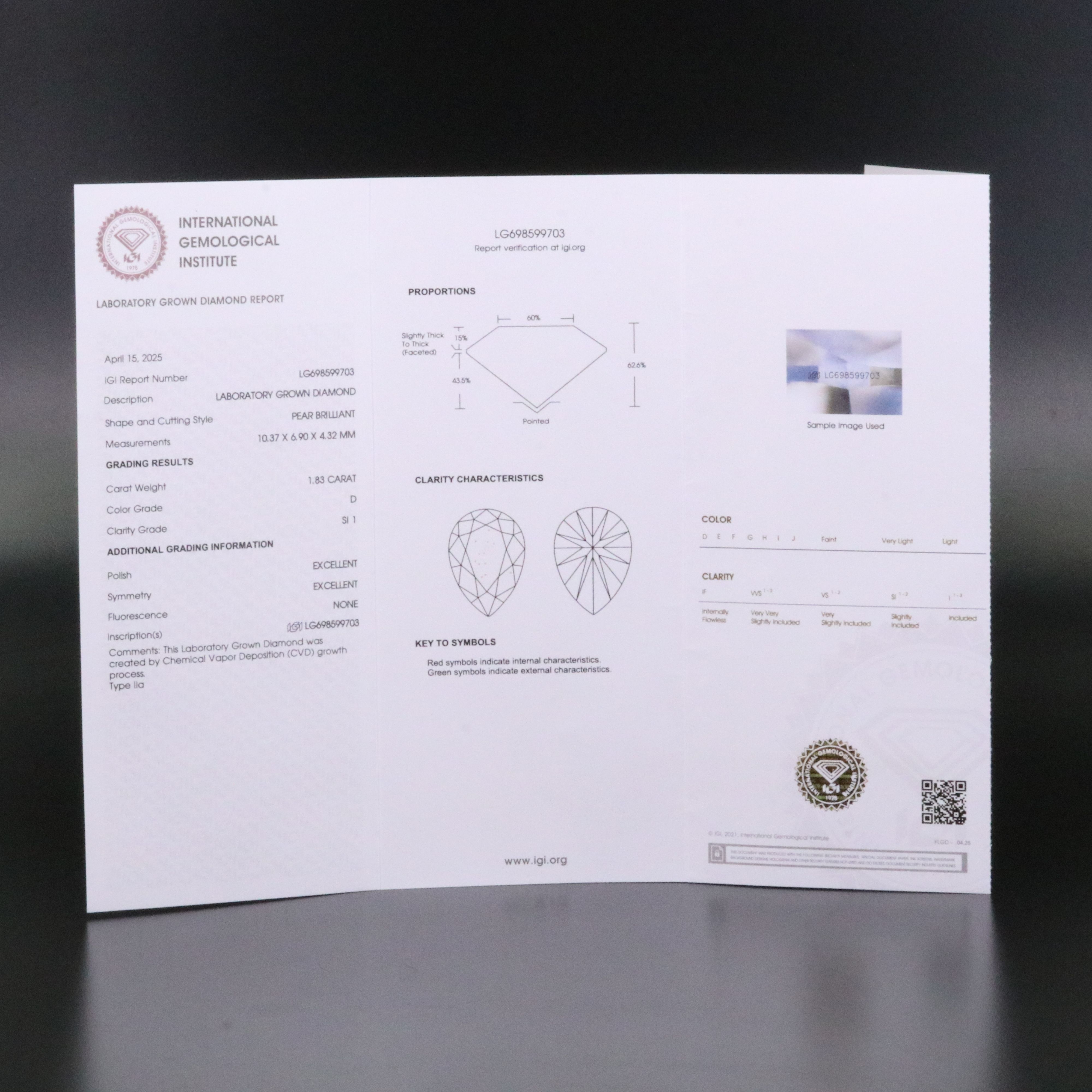 Loose 1.83 CT Lab Grown Diamond with IGI Report