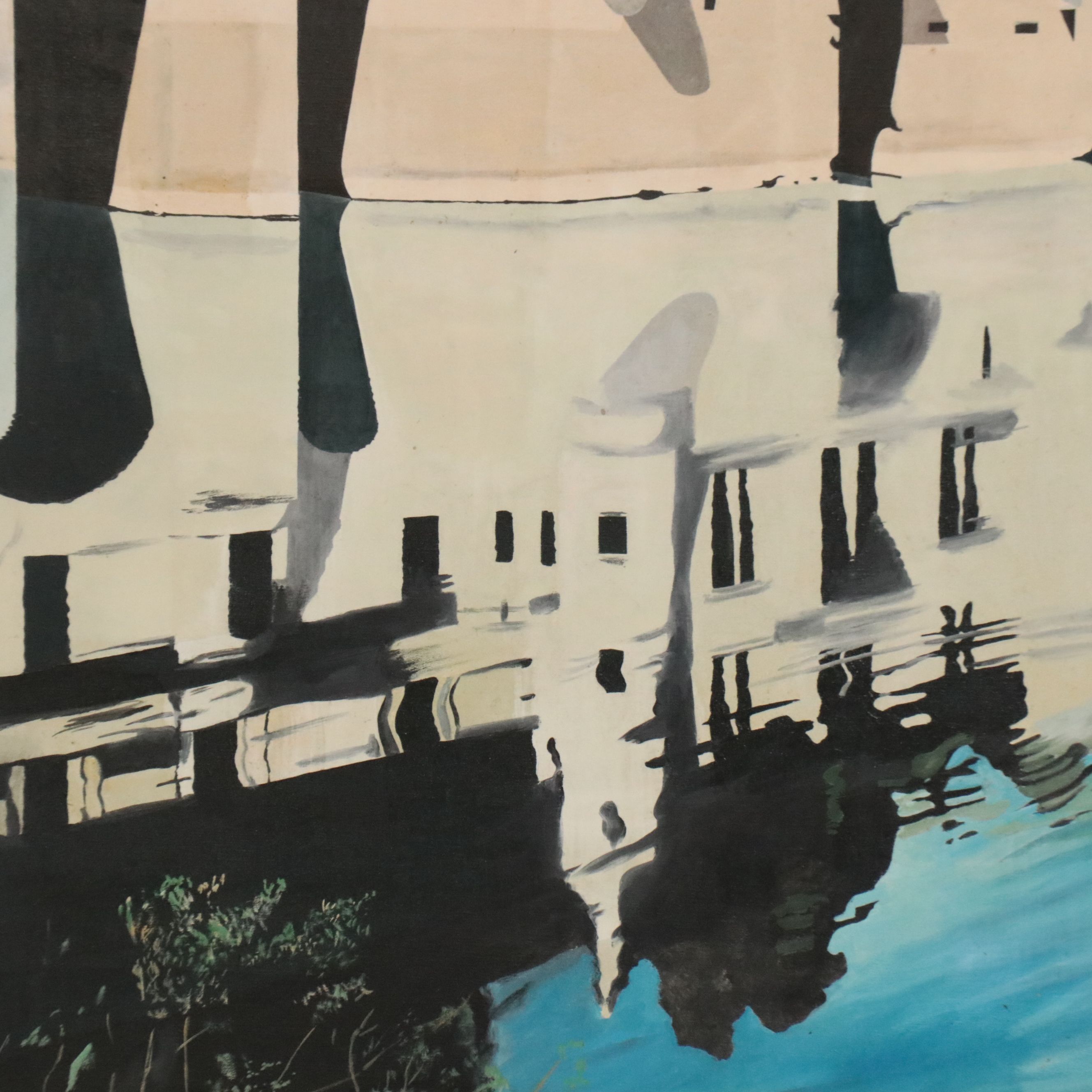 Seward Monumental Oil Painting of Castle Reflected in Lake, 1973