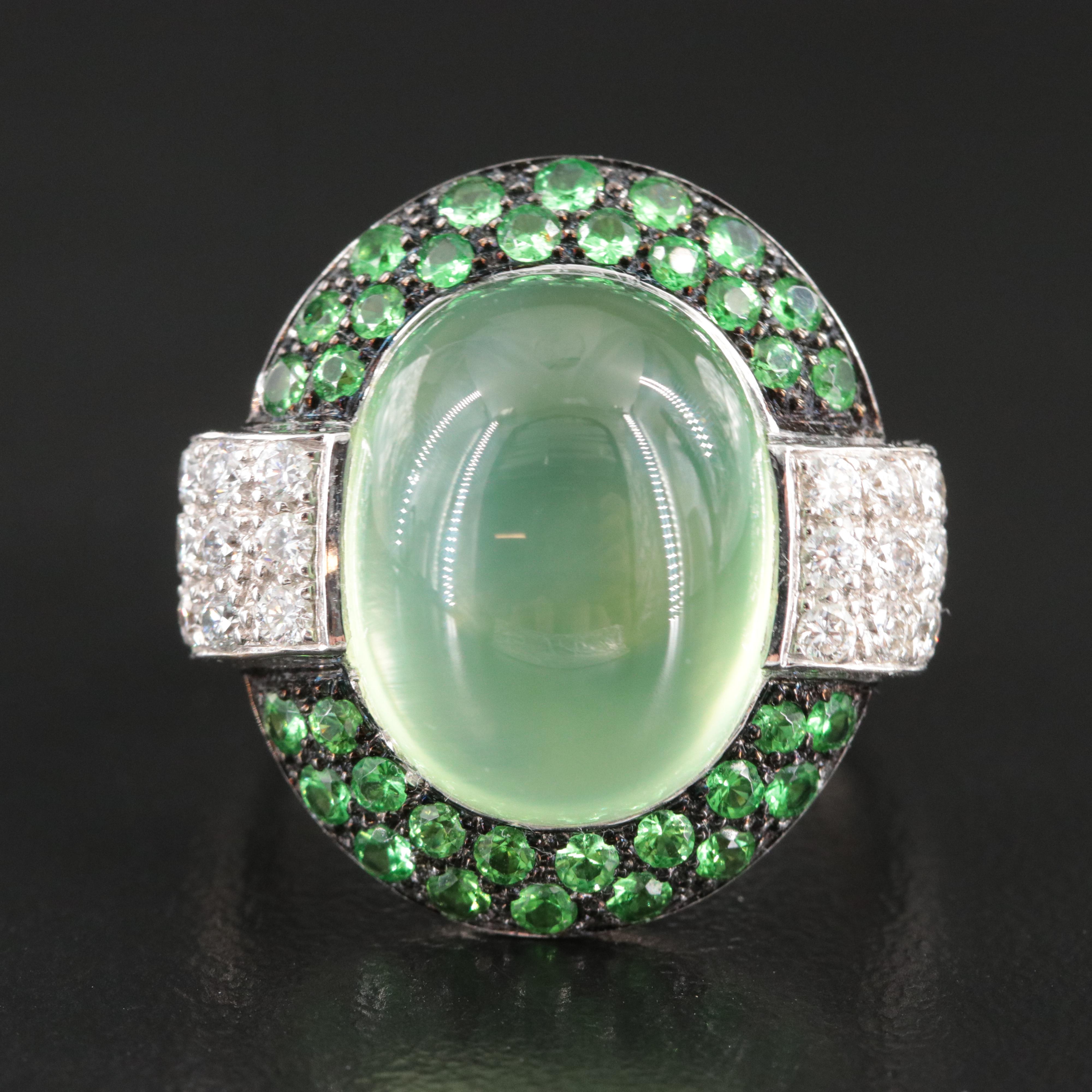 18K 12.00 CT Prehnite, Tsavorite and Pavé Diamond Ring