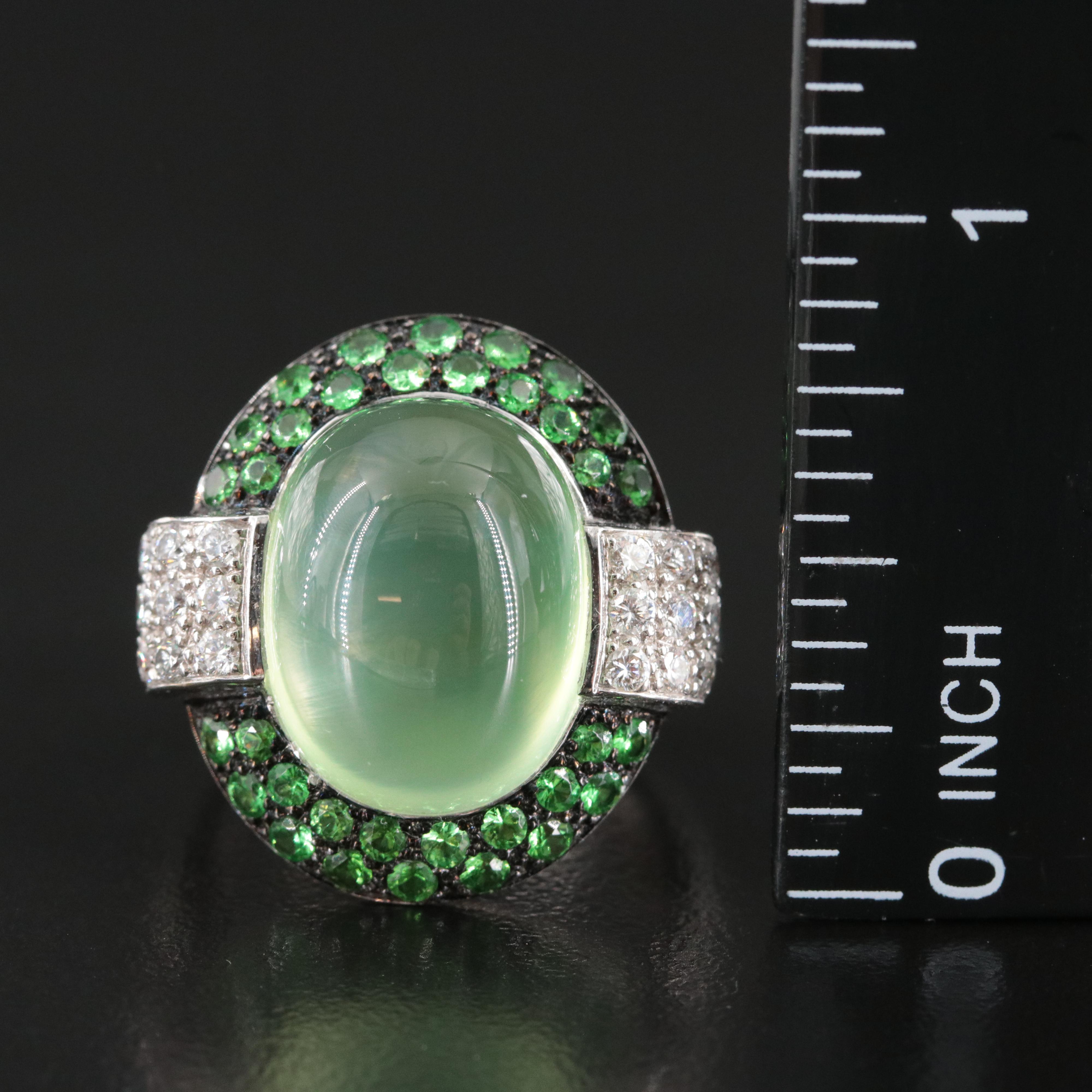 18K 12.00 CT Prehnite, Tsavorite and Pavé Diamond Ring