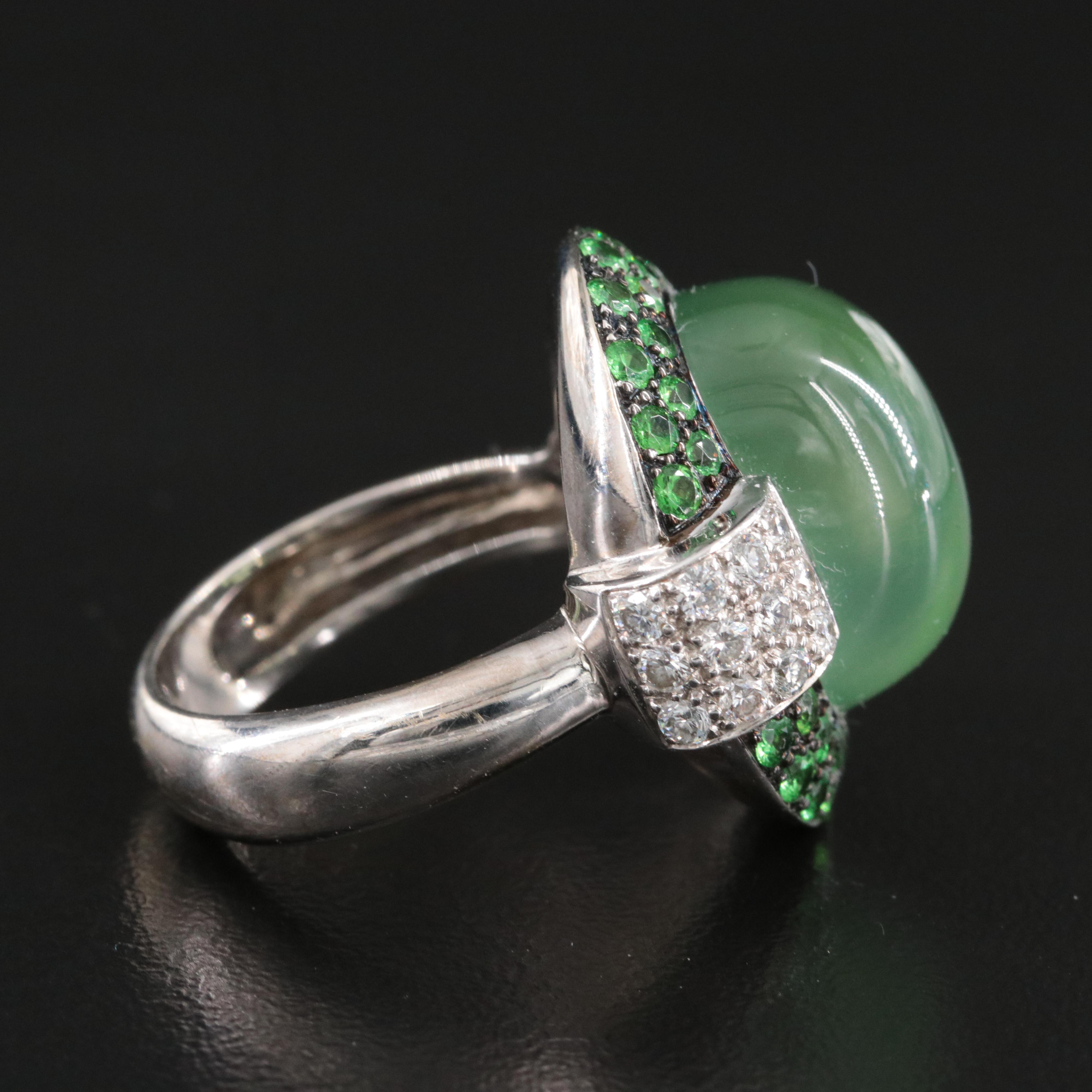 18K 12.00 CT Prehnite, Tsavorite and Pavé Diamond Ring