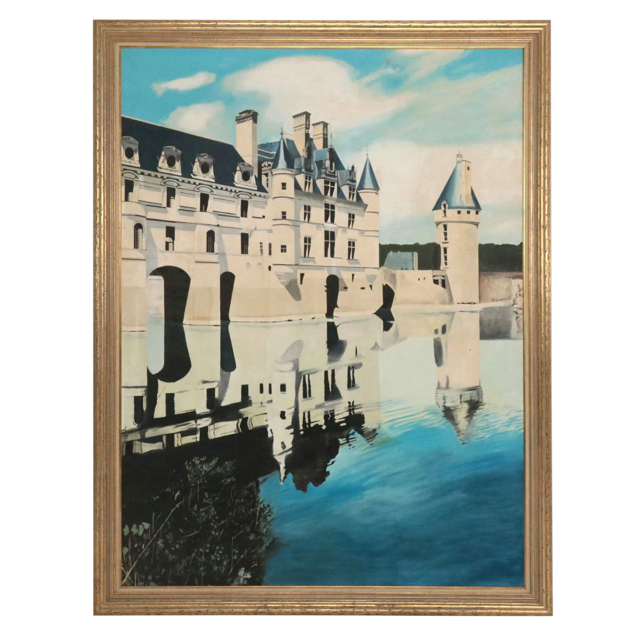 Seward Monumental Oil Painting of Castle Reflected in Lake, 1973