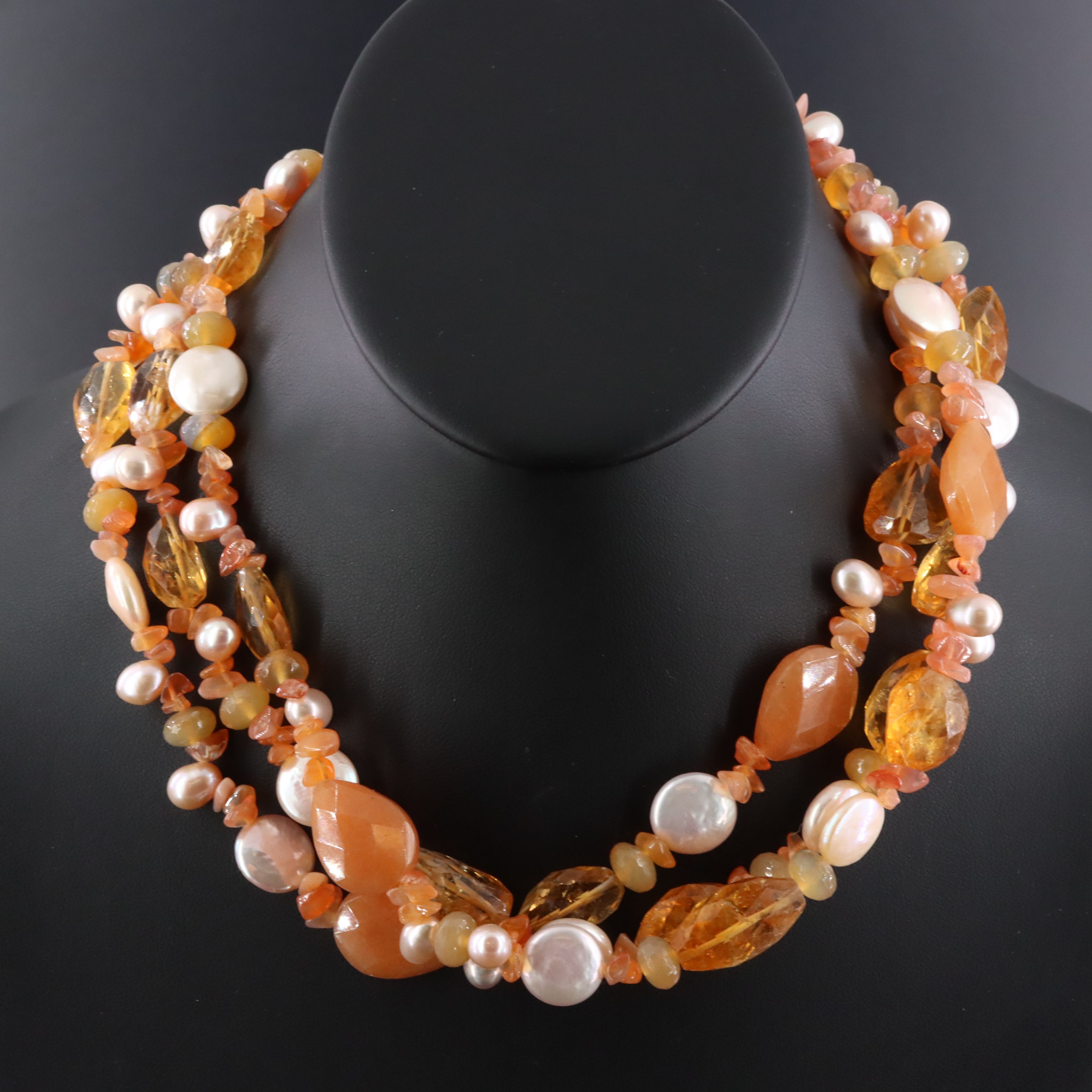 Graduated Citrine, Quartzite and Pearl Necklace with Sterling Clasp