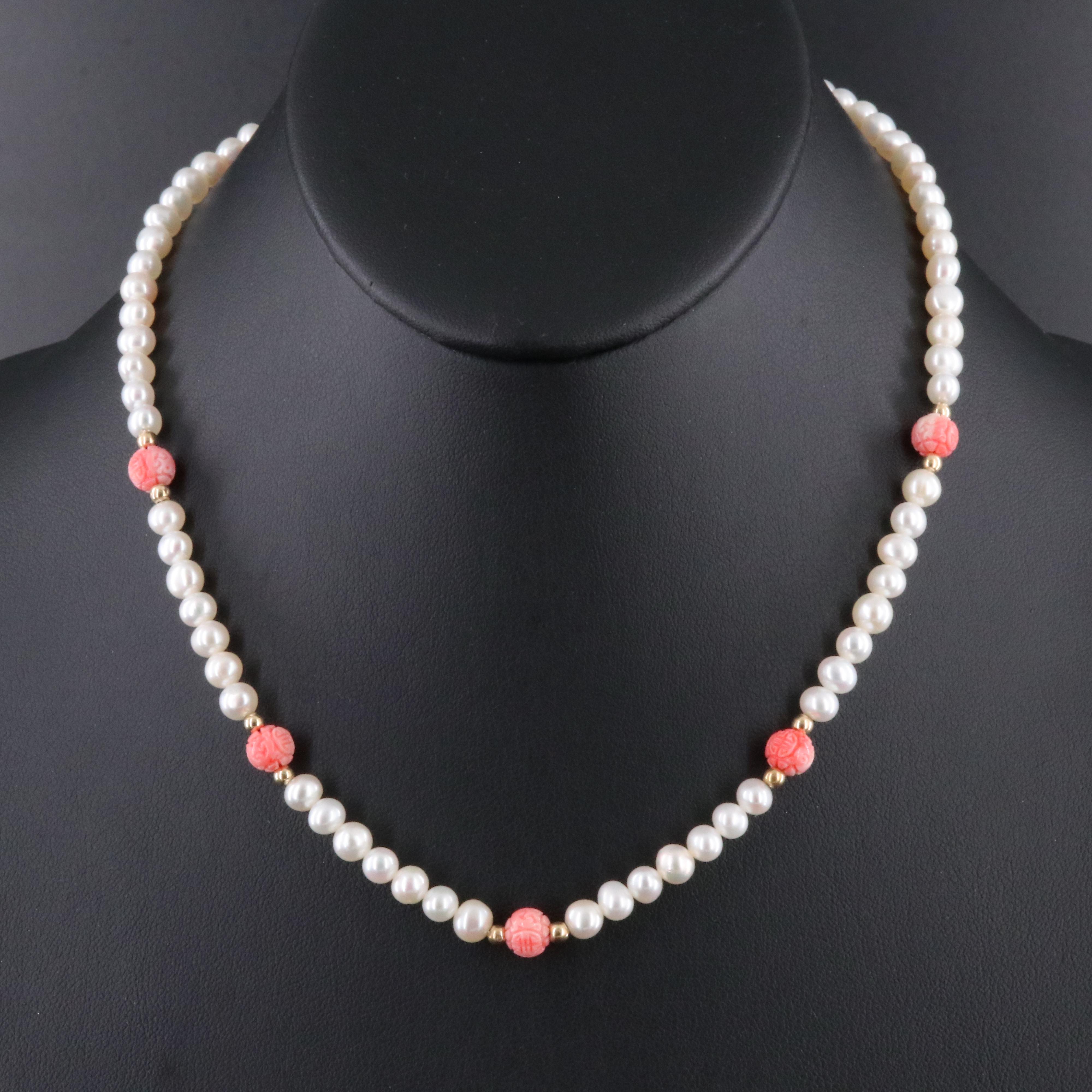 10K and 14K Pearl and Faux Coral Chinese "Longevity" Bead Necklace