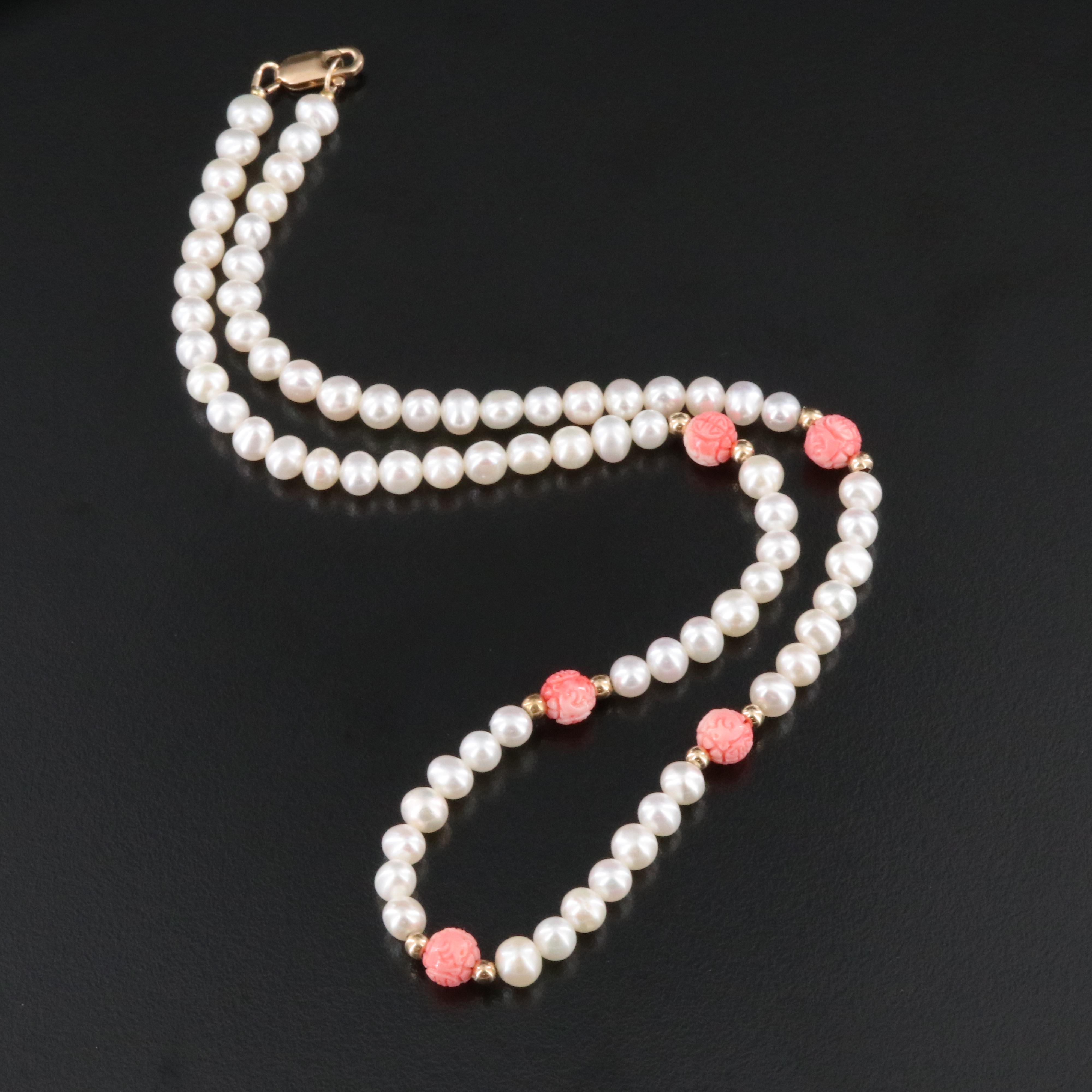 10K and 14K Pearl and Faux Coral Chinese "Longevity" Bead Necklace