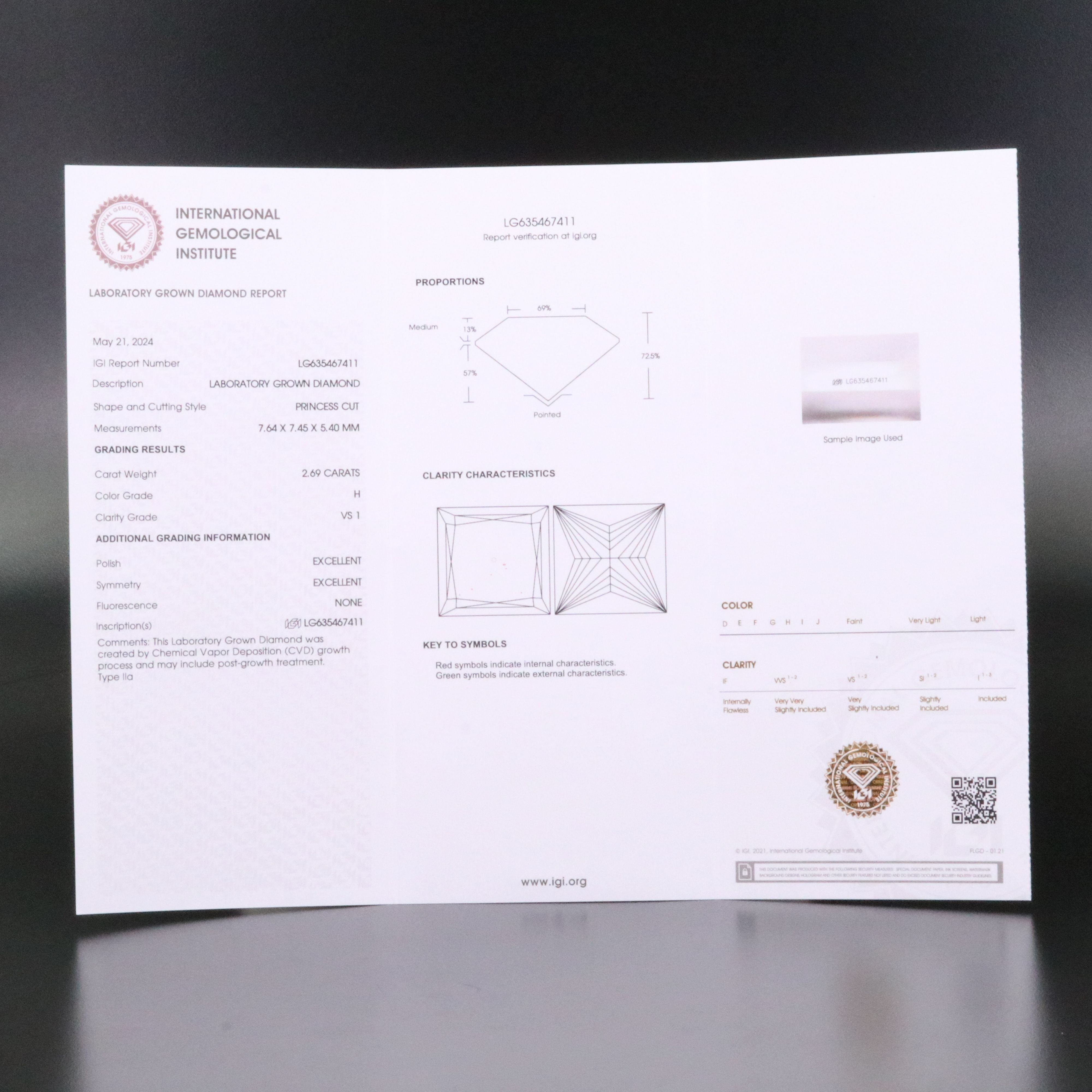 Loose 2.69 CT Lab Grown Diamond with IGI Report