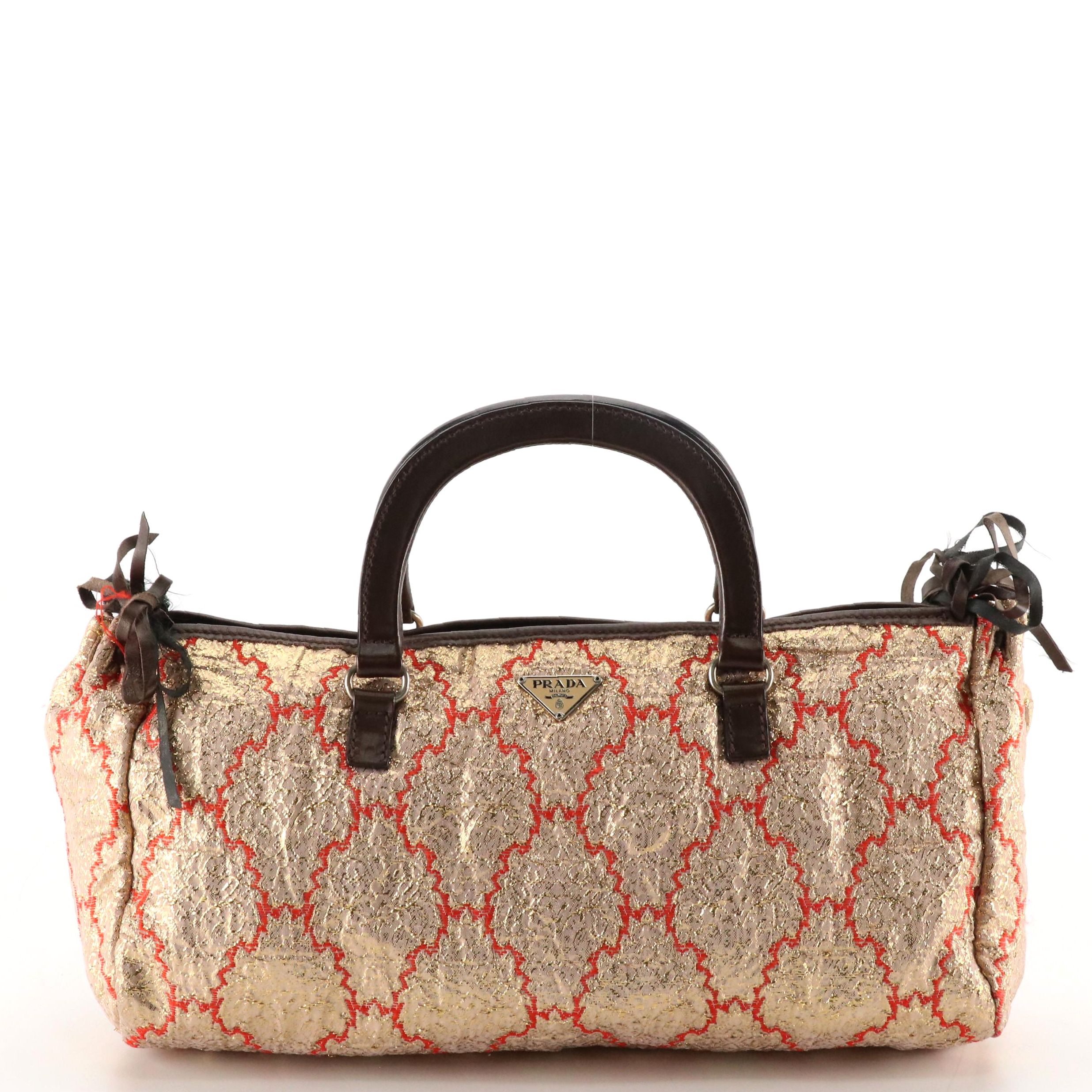 Prada Metallic Broccato Bow Fringe Handbag with Brown Leather Trim