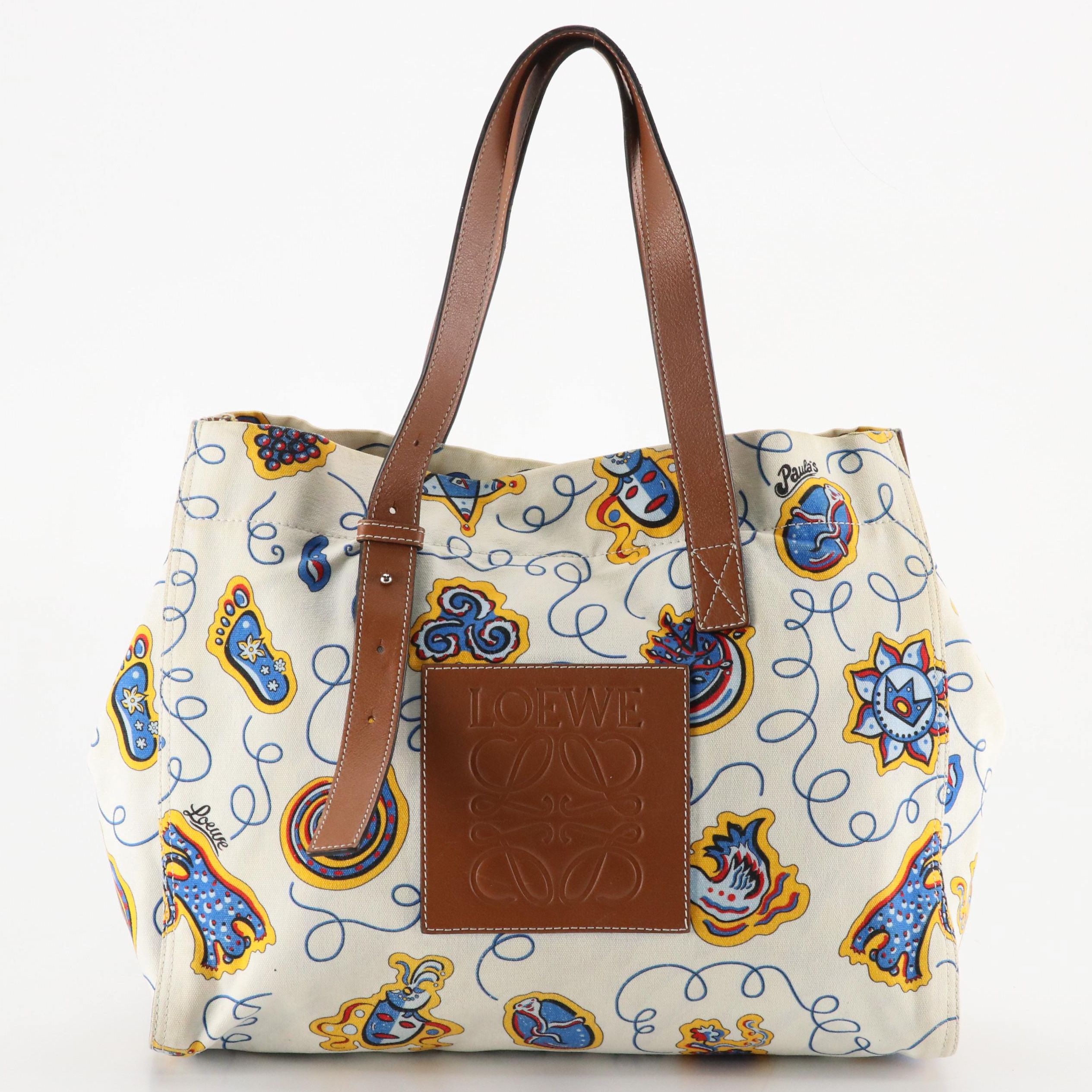 Loewe X Paula's Ibiza Printed Canvas Tote Bag with Brown Leather Trim