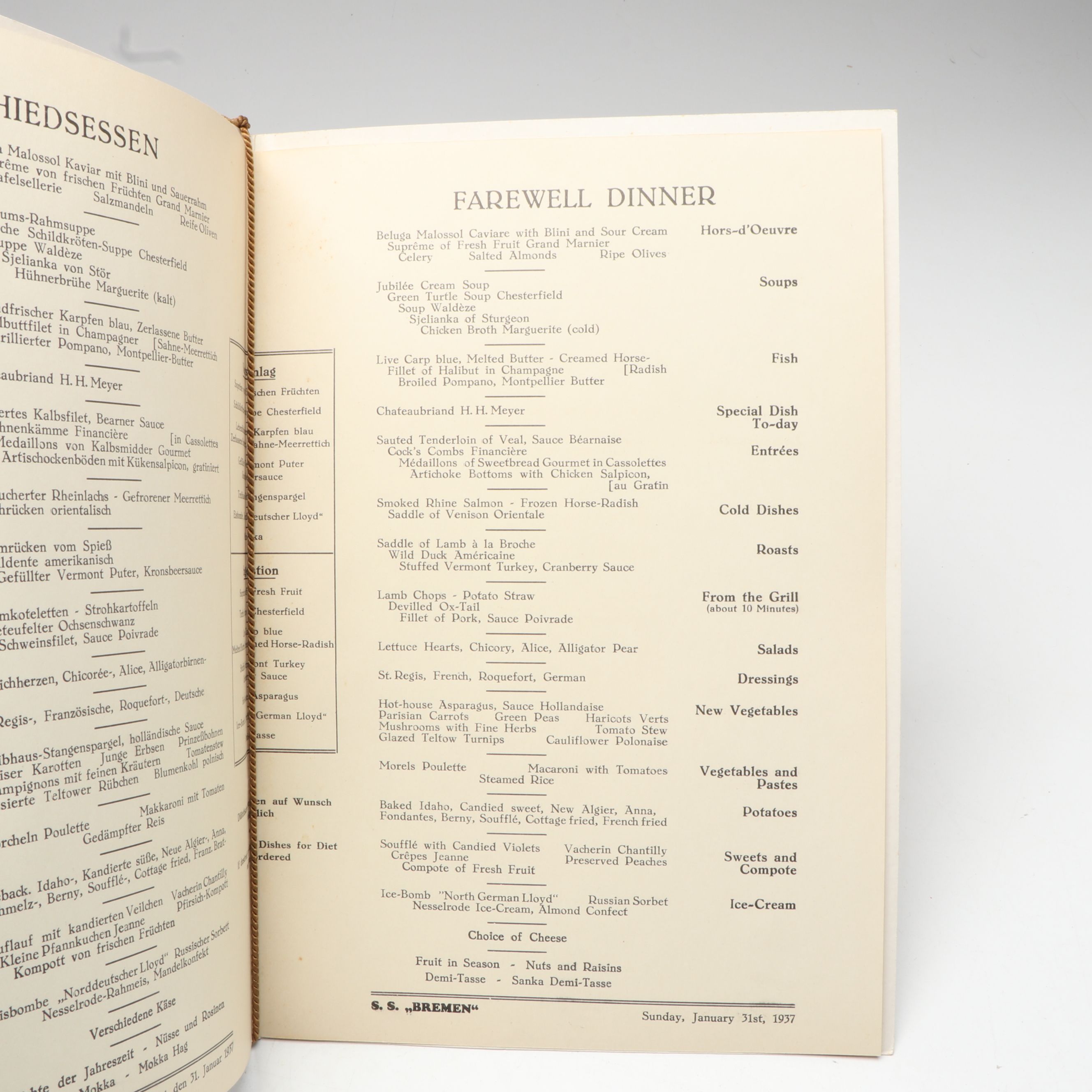 German Norddeutscher Lloyd's Liner "SS Bremen" Menu and Drinkware, 1930s