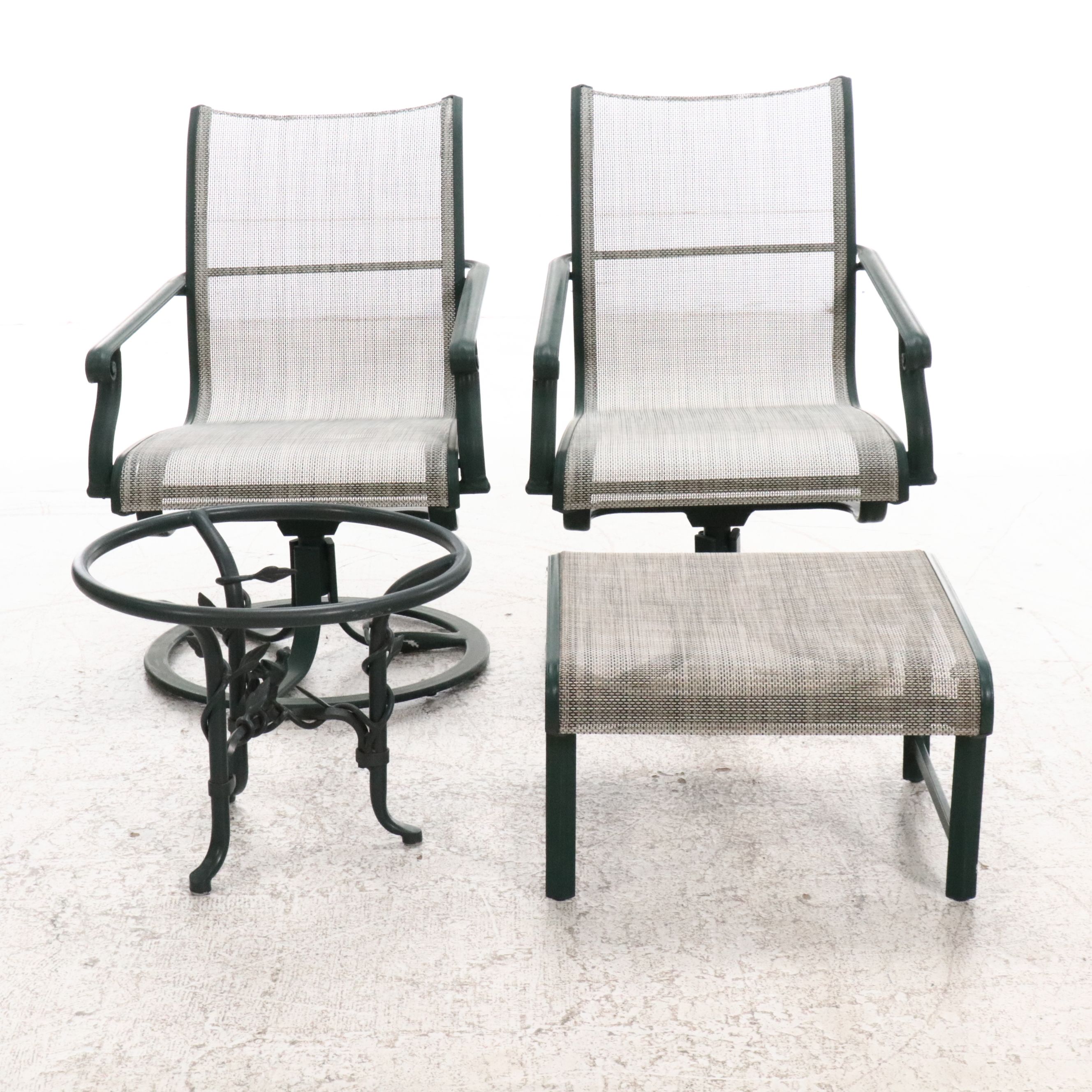 Pair of Brown Jordan Patio Chairs, Accent Table Base, and Ottoman