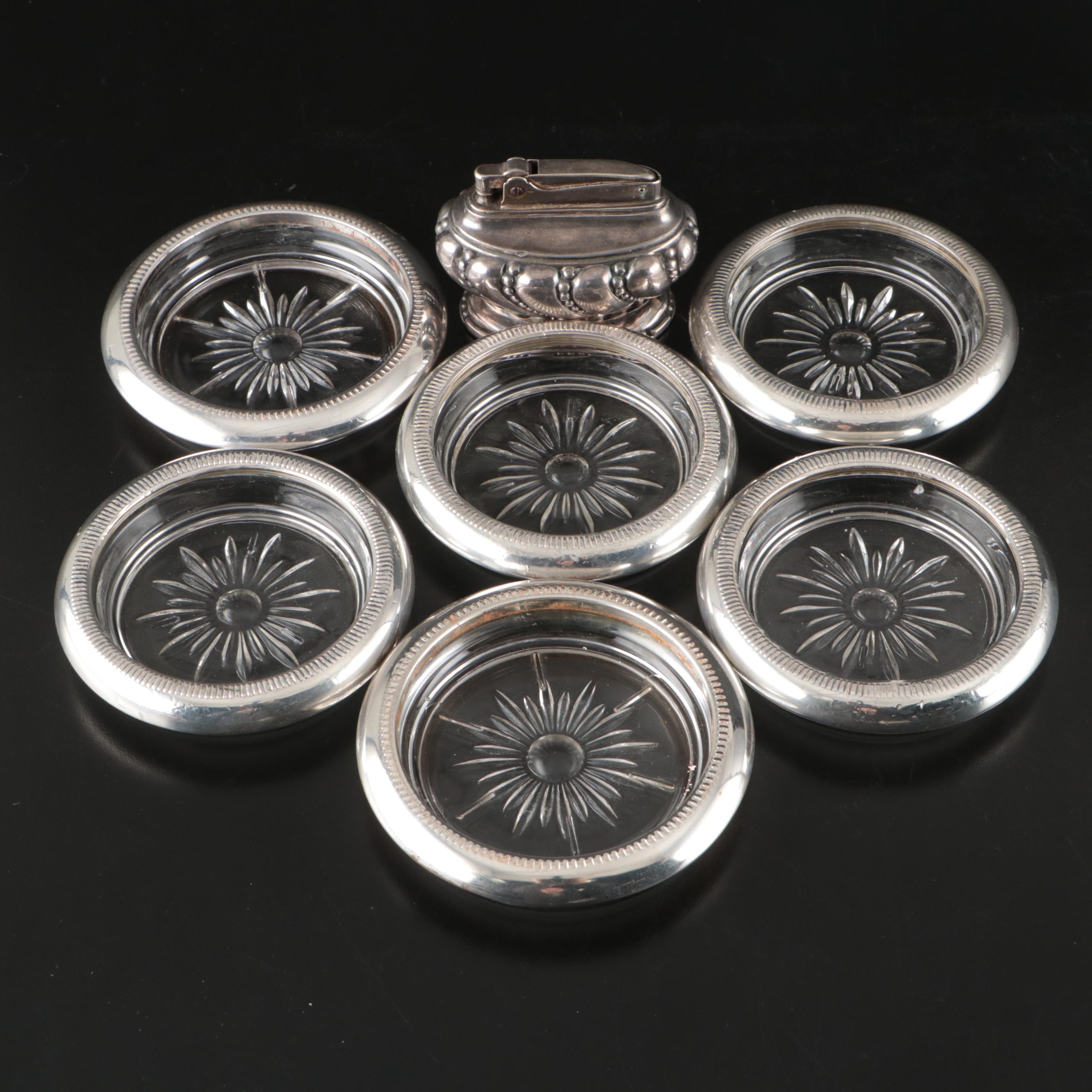 Crown Sterling Silver and Italian Silver Plate Coasters with Ronson Lighter