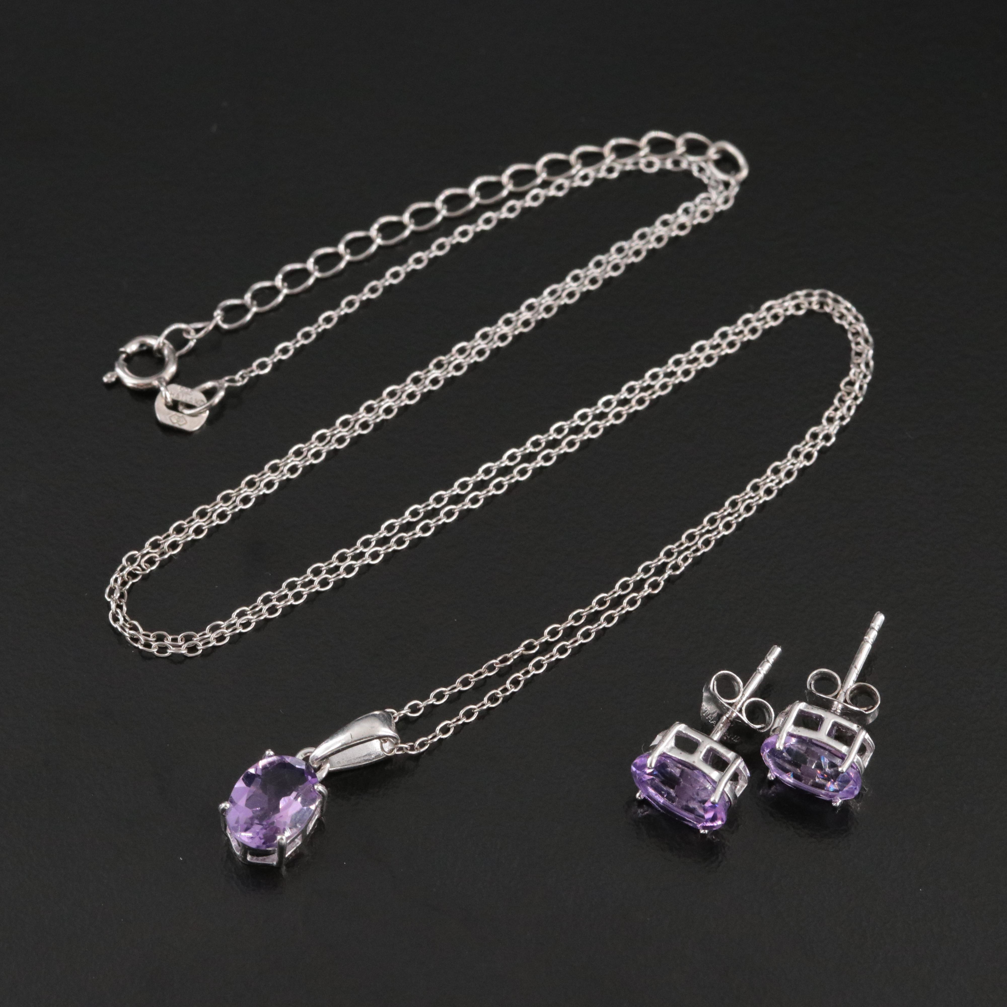 Sterling Amethyst Pendant Necklace and Earrings