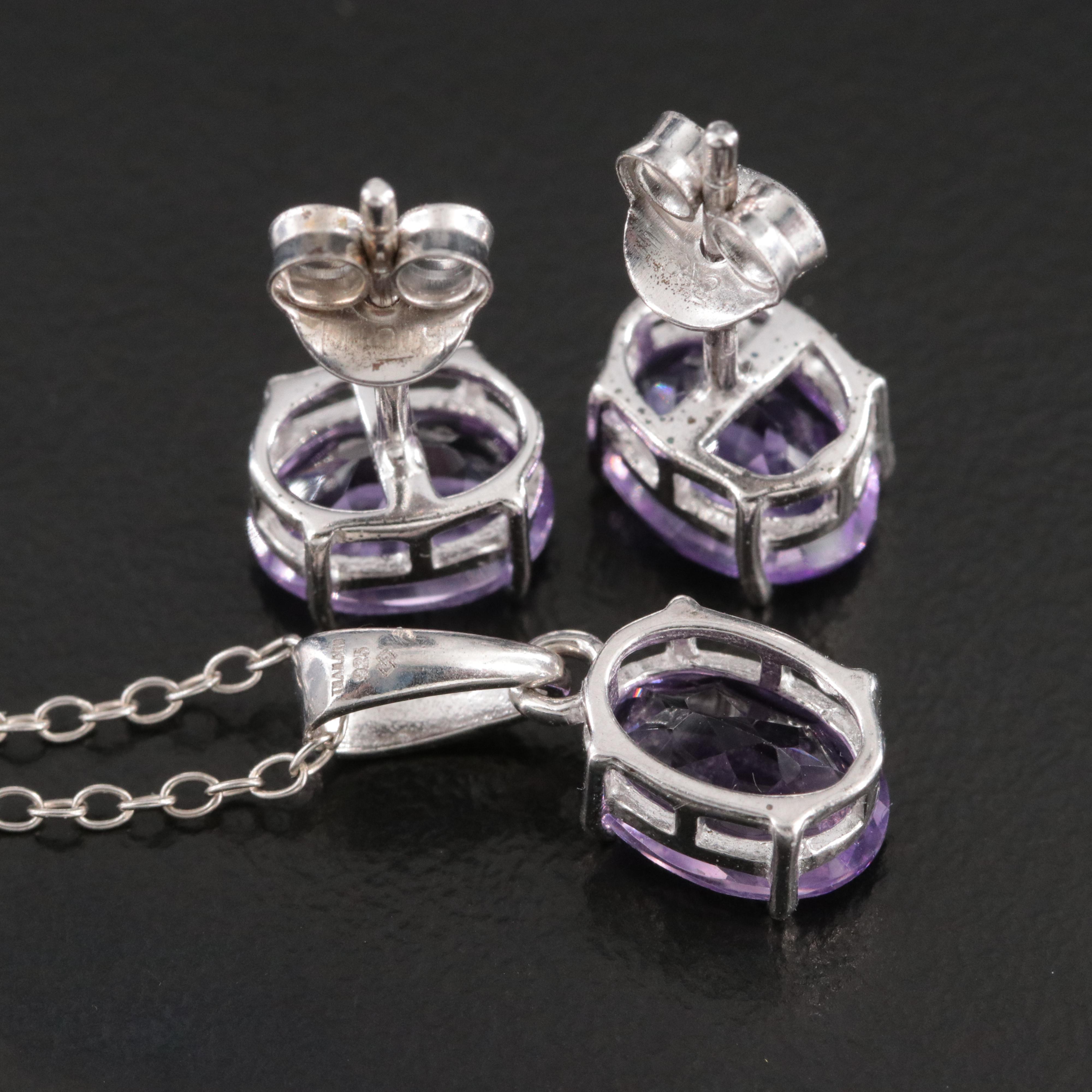 Sterling Amethyst Pendant Necklace and Earrings