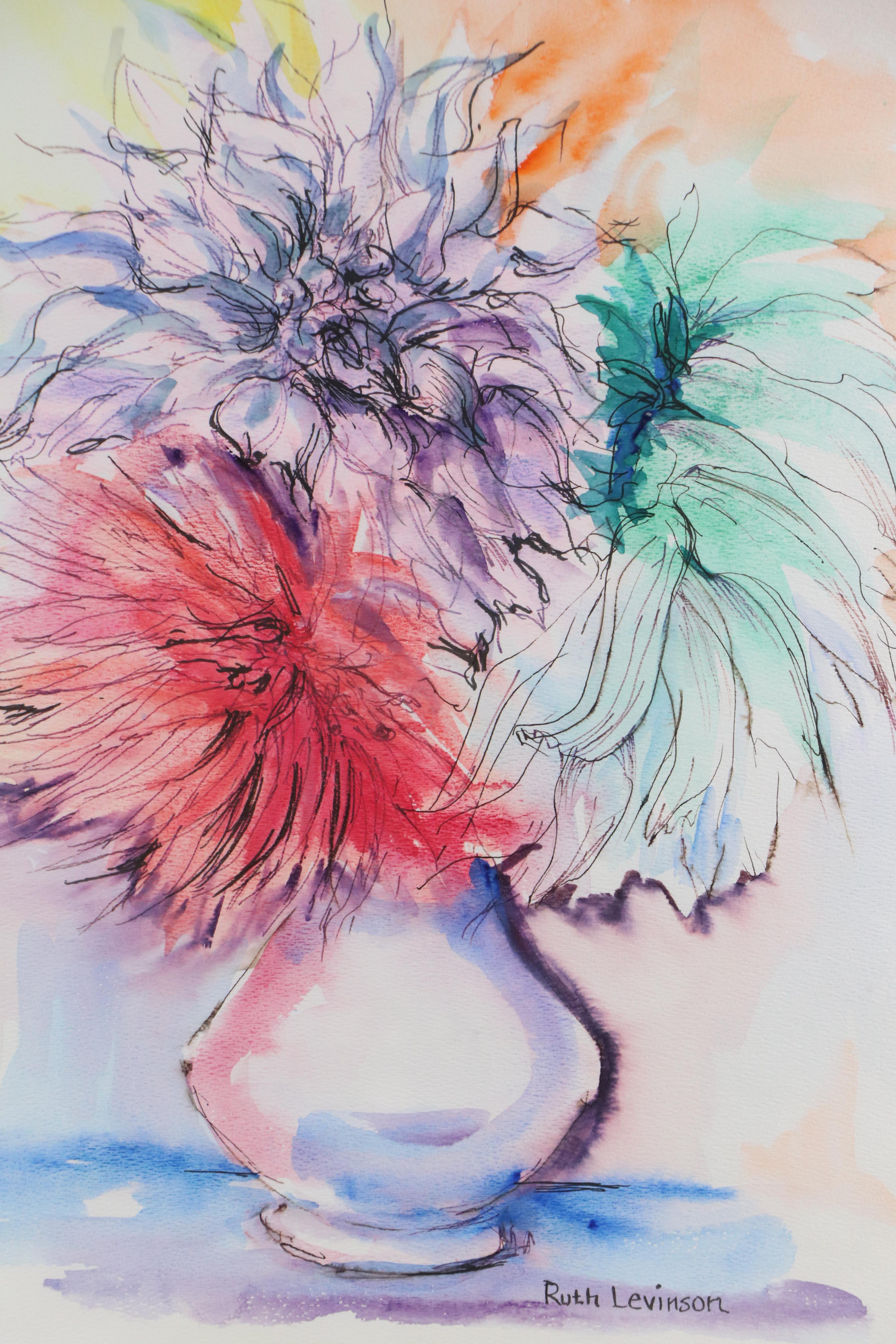 Ruth Levinson Watercolor Painting of Floral Still Life, Late 20th Century
